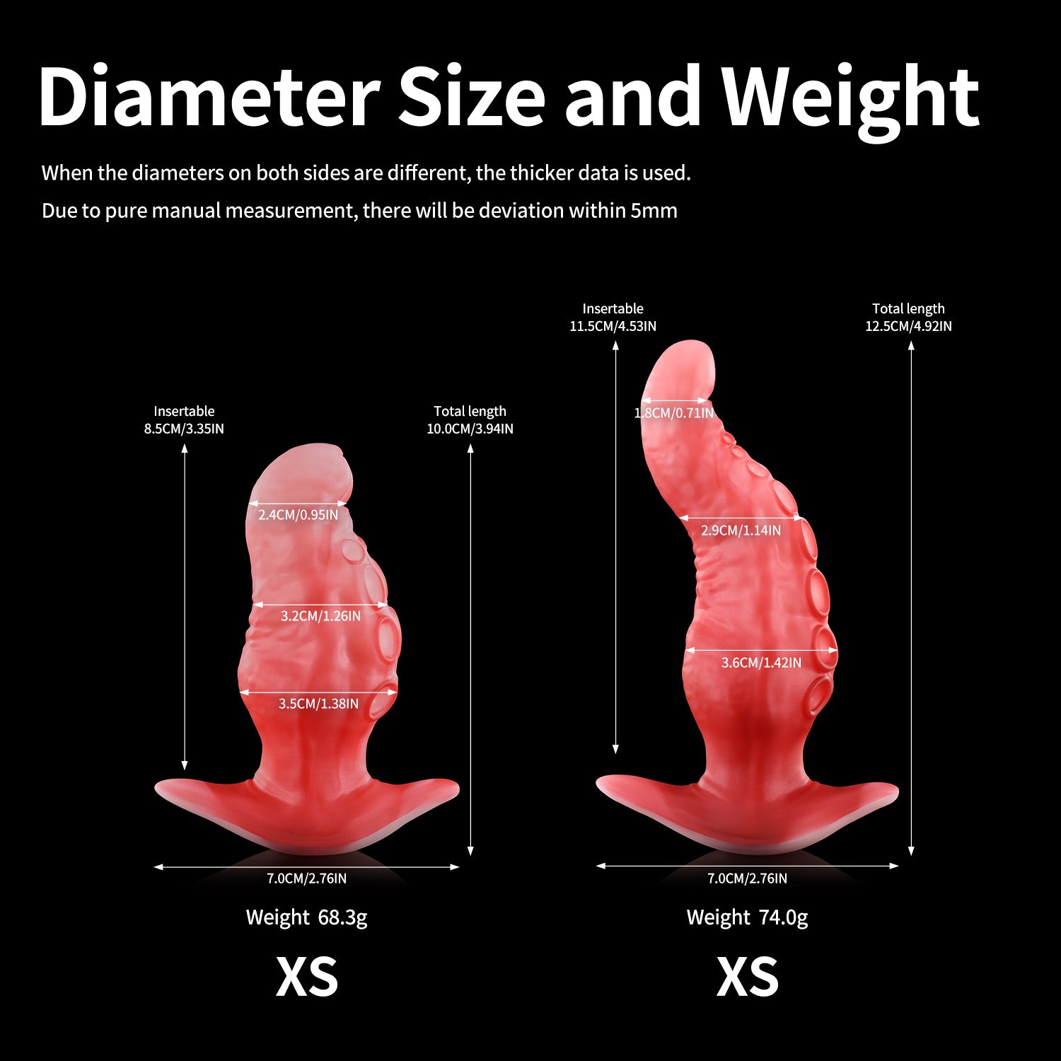 ALLA plug, tantacle butt plug, fantasy silicone anal butt plug diameter size chart