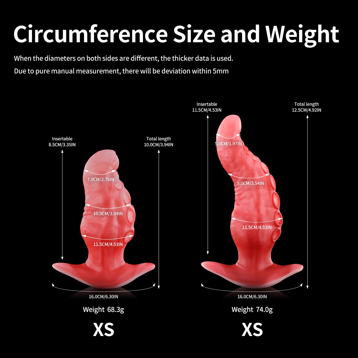 ALLA plug, tantacle butt plug, fantasy silicone anal butt plug circumference size chart