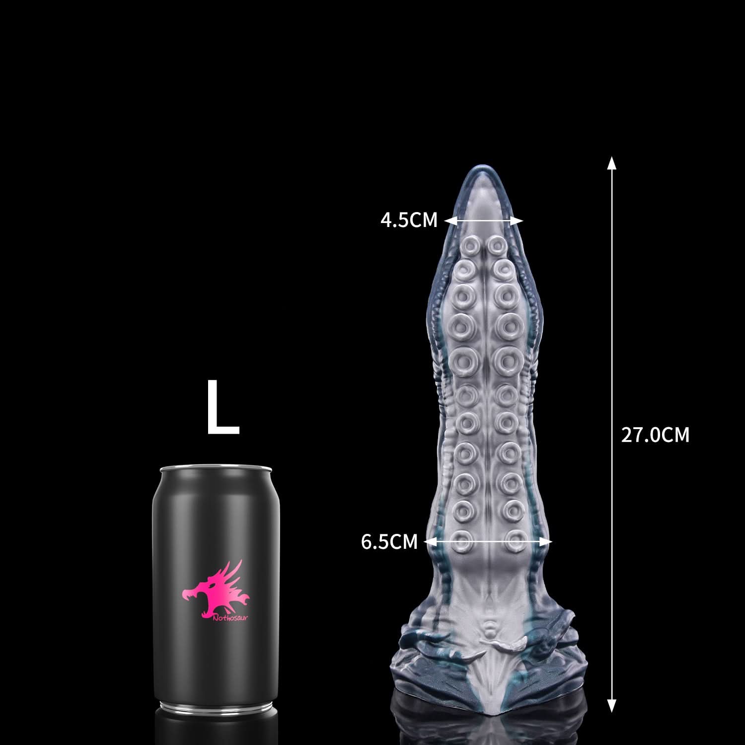 ABYSS tentacle dildo with rows of suction cups and a sculpted fantasy base - L size guide