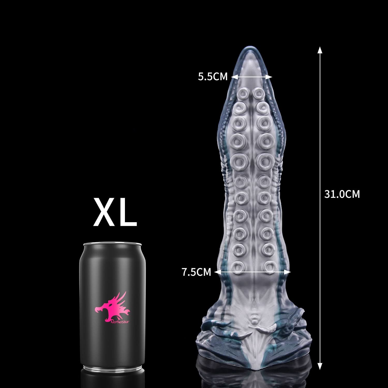 ABYSS tentacle dildo with rows of suction cups and a sculpted fantasy base - XL size guide