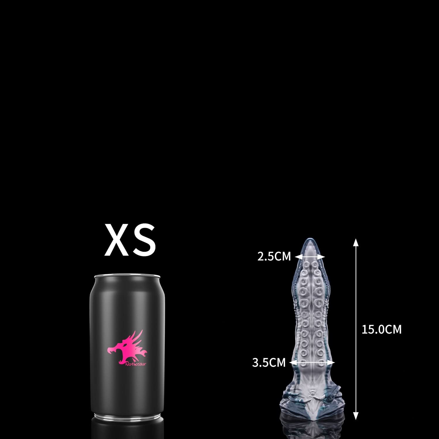 ABYSS tentacle dildo with rows of suction cups and a sculpted fantasy base - XS size guide