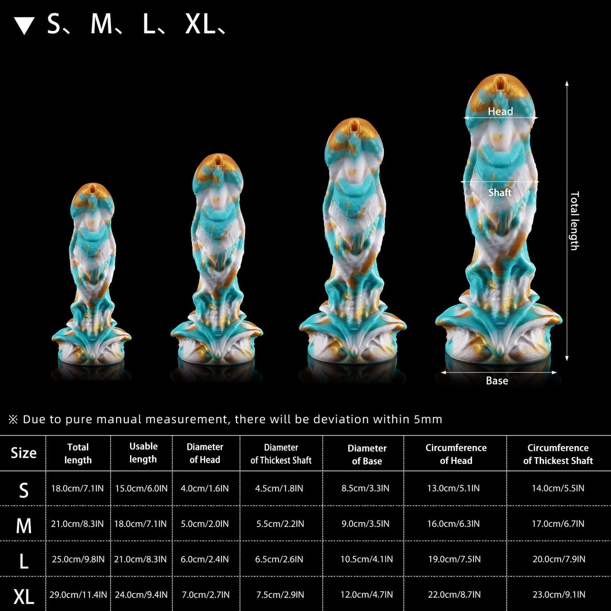 AGNME mermaid fantasy dildo with flowing wave-like folds and a sculpted base - size chart