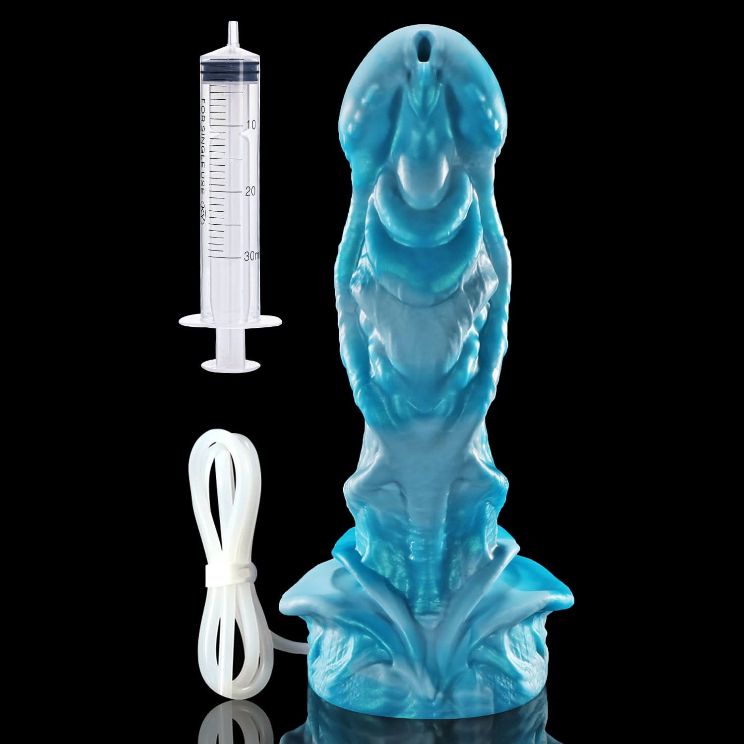 AGNME plus tube mermaid fantasy ejaculating dildo with flowing wave-like folds and built-in tube - front view with tube accessories
