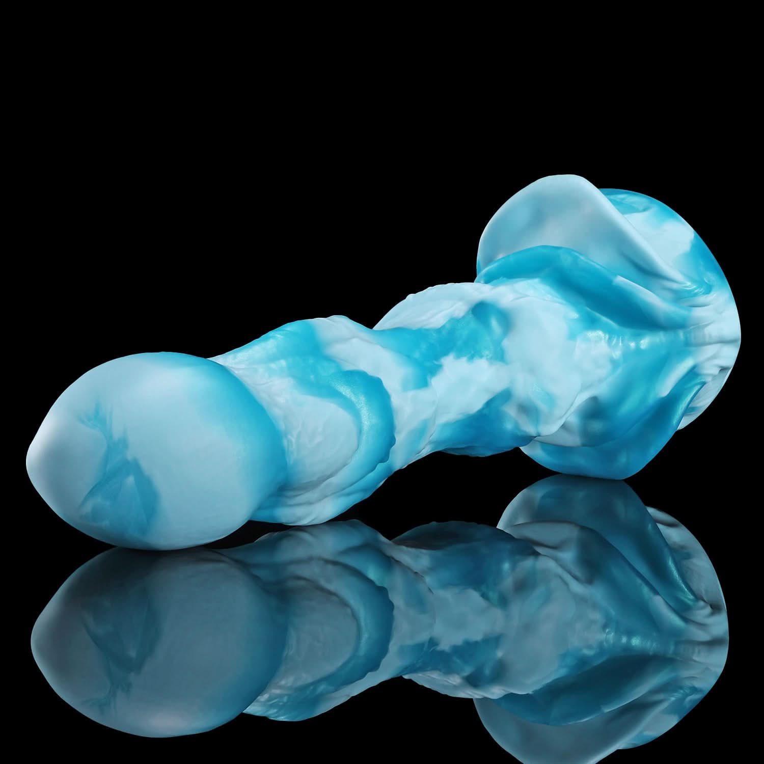 AGNME plus tube mermaid fantasy ejaculating dildo with flowing wave-like folds and built-in tube - low side view