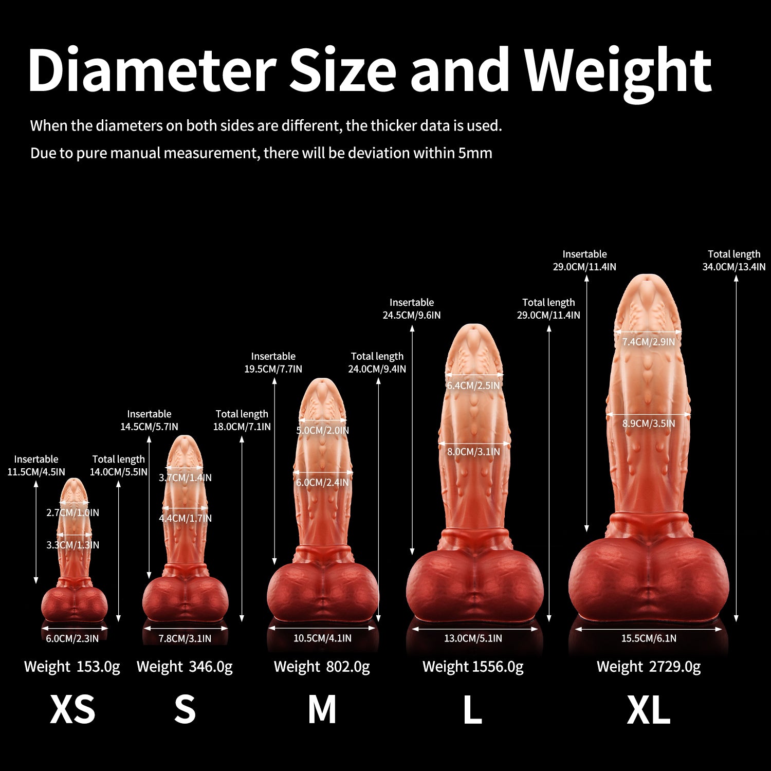 ALCANON fantasy animal dildo with a textured shaft, sculpted head, and rounded balls - diameter size and weight chart