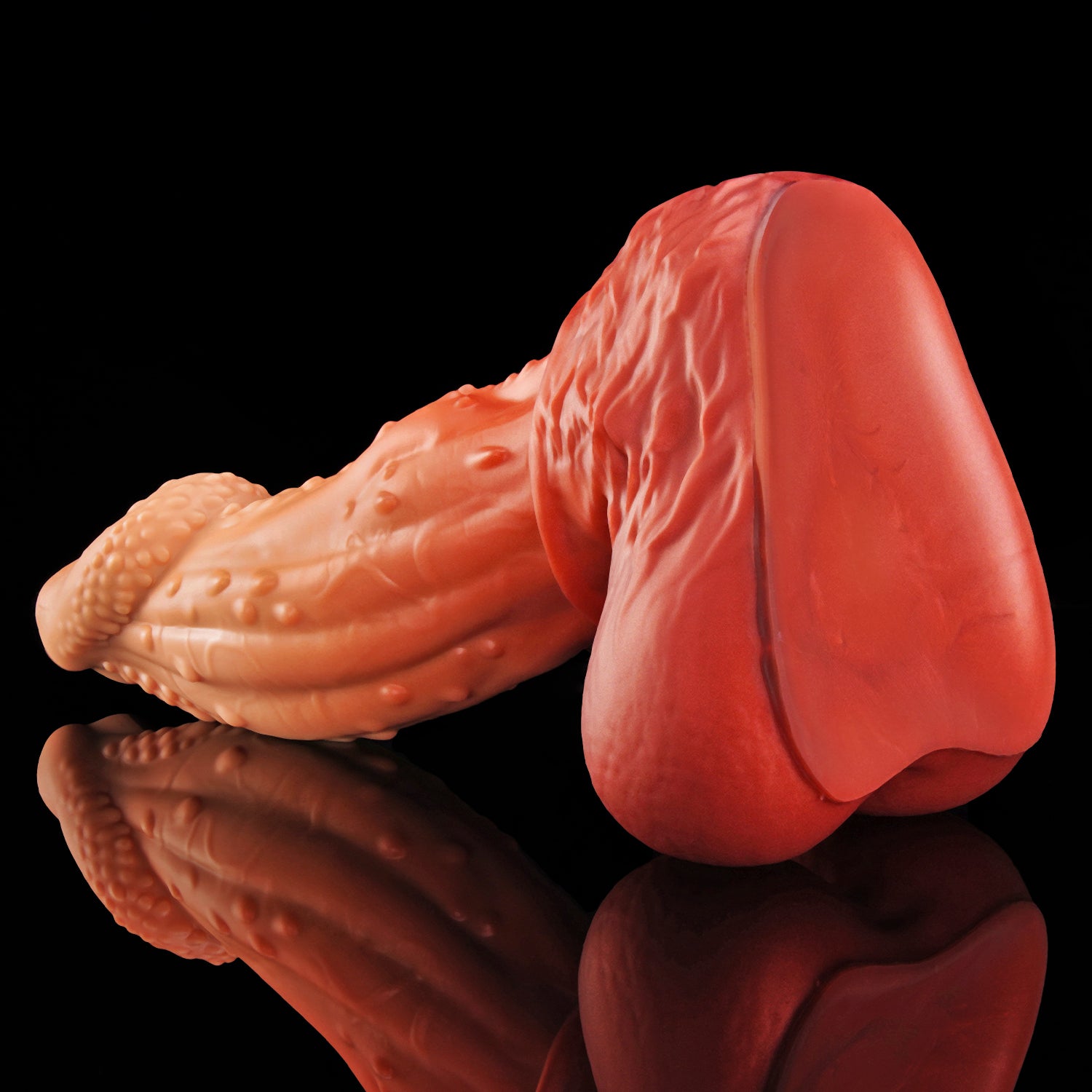 ALCANON fantasy animal dildo with a textured shaft, sculpted head, and rounded balls - rear angled view
