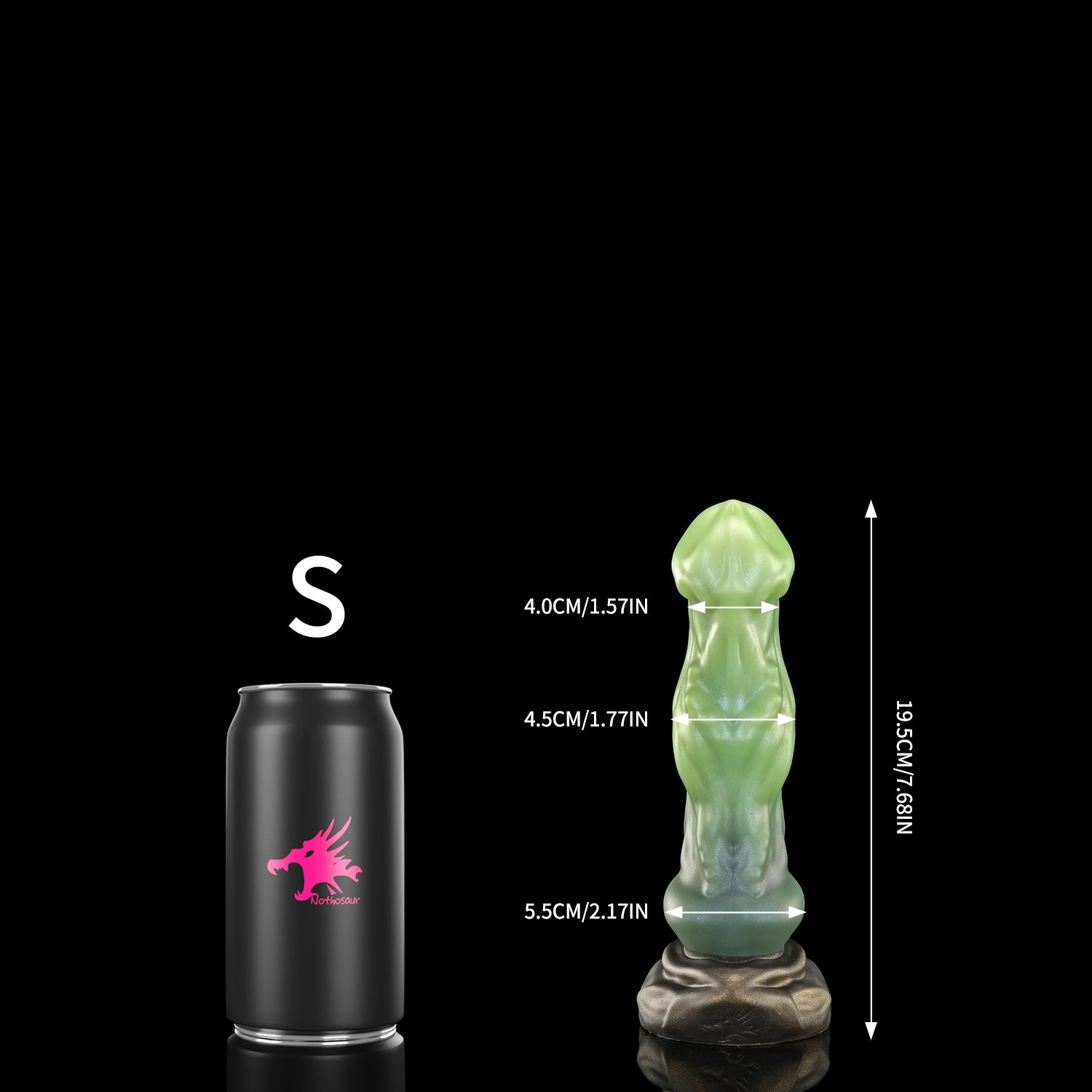 Avenging Dragon custom fantasy dragon dildo with a smooth sculpted shaft and wide textured base - S size comparison