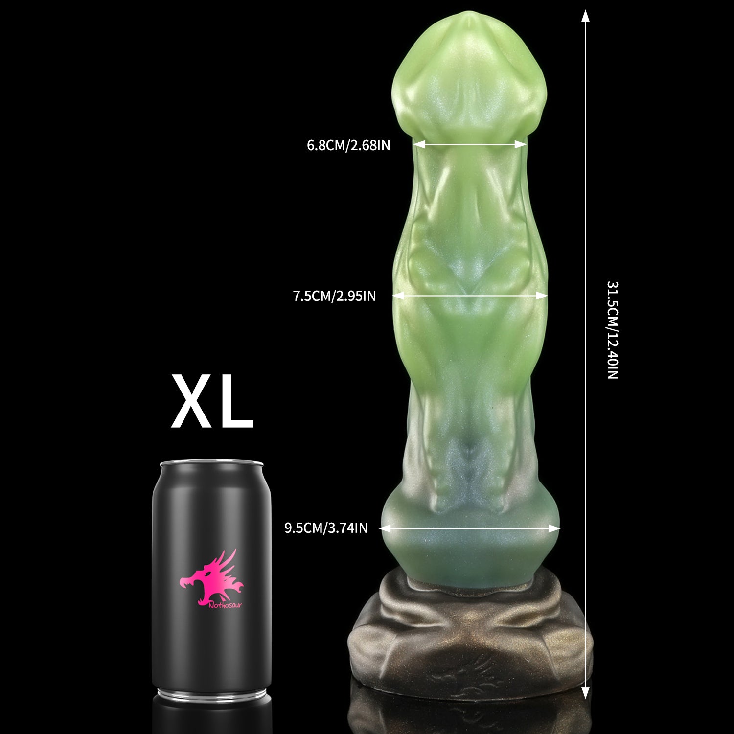 Avenging Dragon custom fantasy dragon dildo with a smooth sculpted shaft and wide textured base - XL size comparison
