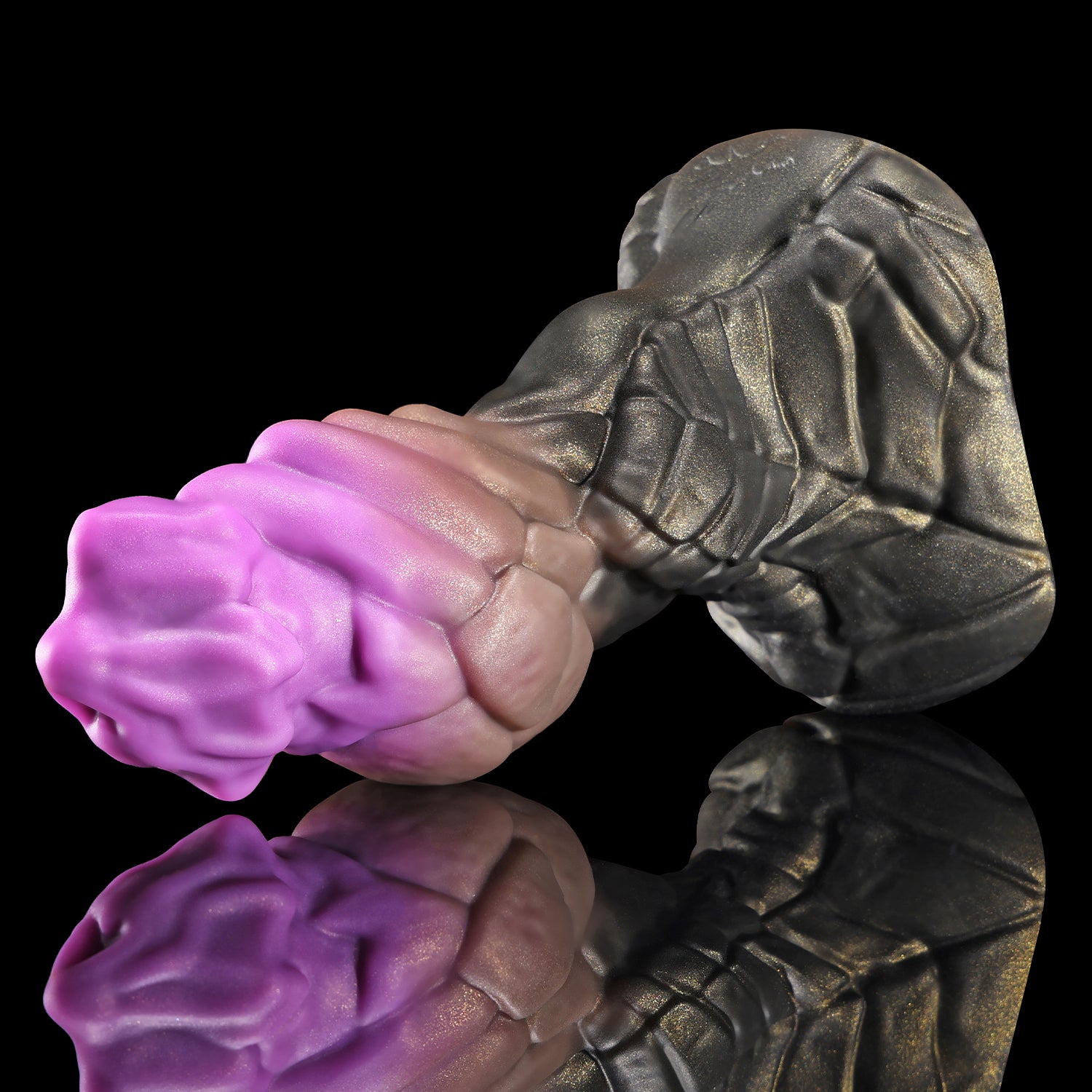 GRAVIOS custom dragon fantasy dildo with an armored textured shaft and wide sculpted base - purple and black colorway side view