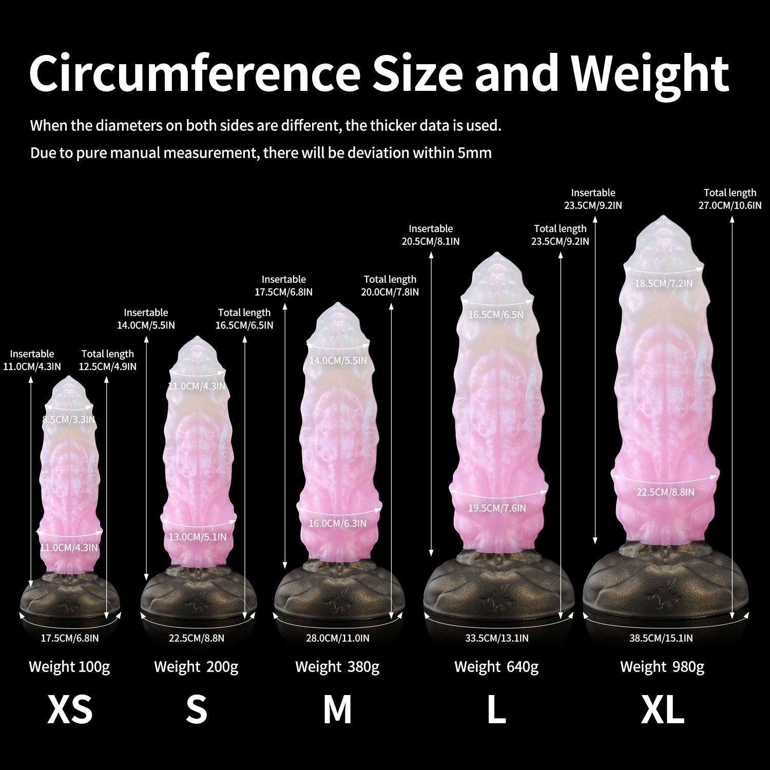 Howling Dragon custom dragon knot fantasy dildo with a textured shaft and suction cup base - circumference size chart