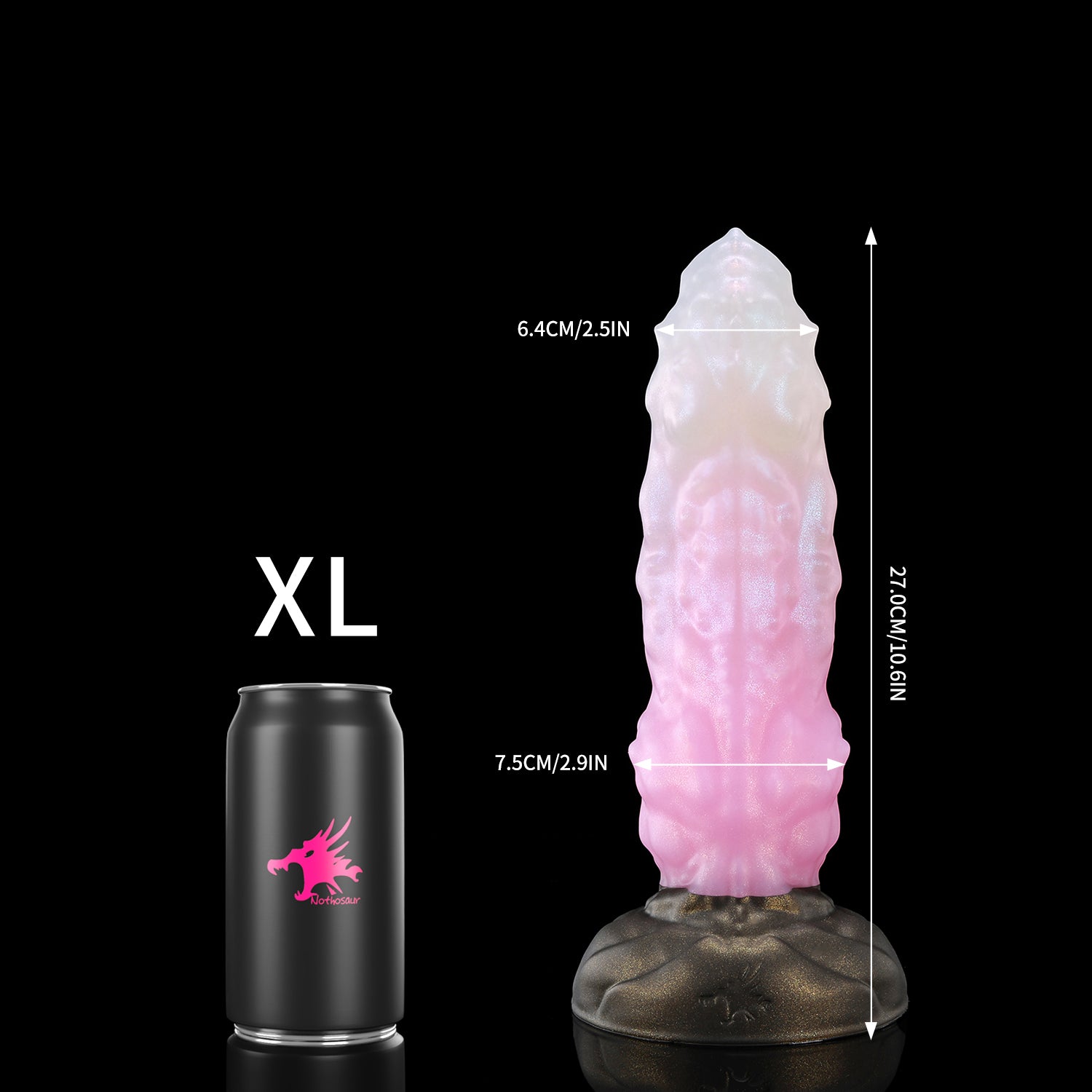 Howling Dragon custom dragon knot fantasy dildo with a textured shaft and suction cup base - XL size comparison