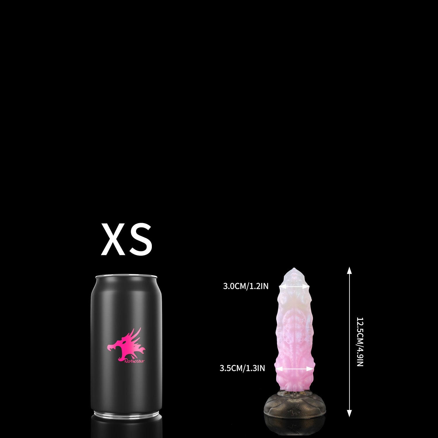 Howling Dragon custom dragon knot fantasy dildo with a textured shaft and suction cup base - XS size comparison