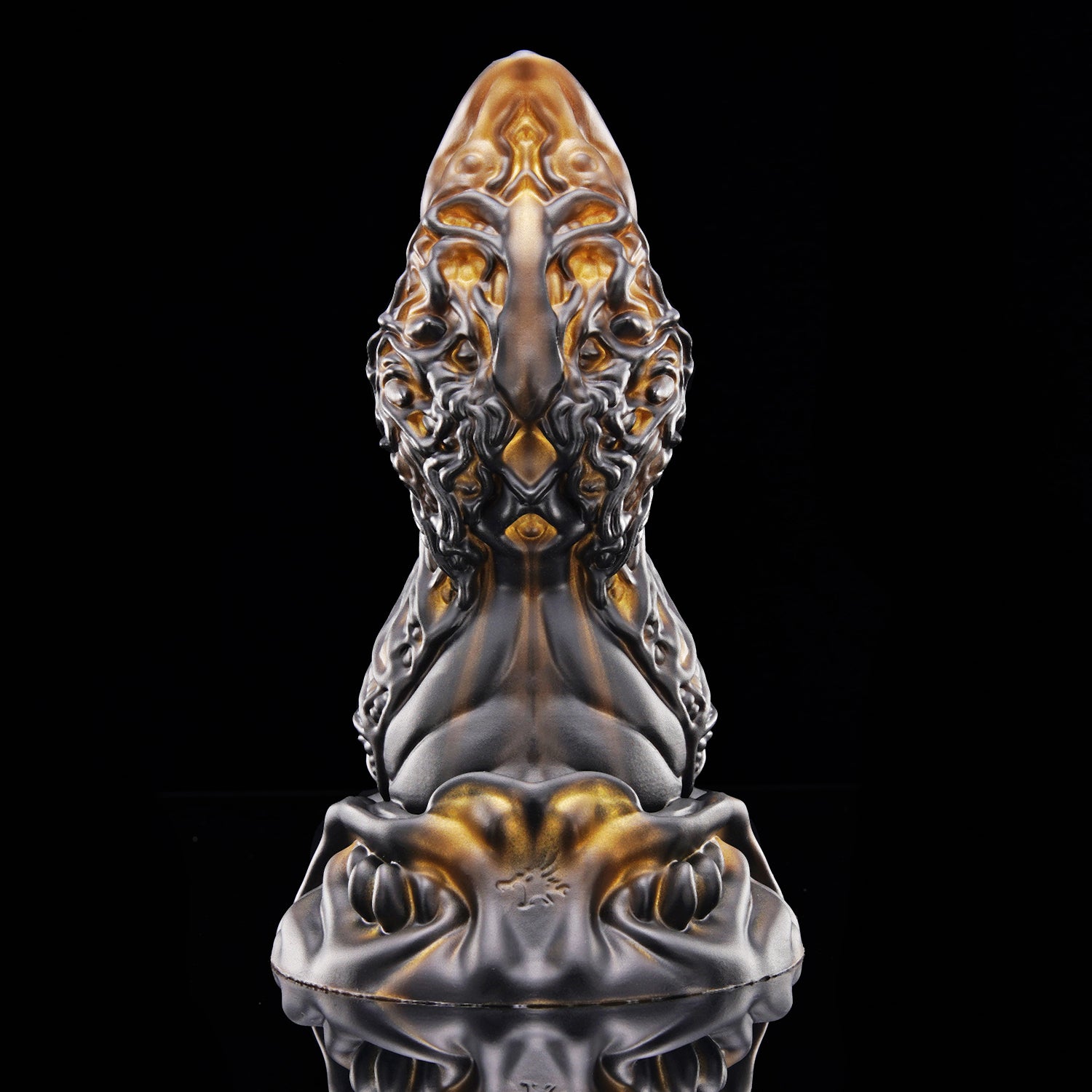 MAGARA custom dragon fantasy dildo with layered scale texture and a sculpted ornamental base - black and gold colorway front view
