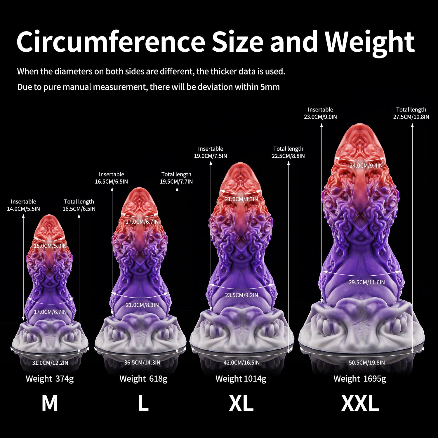 MAGARA custom dragon fantasy dildo with layered scale texture and a sculpted ornamental base - circumference size chart