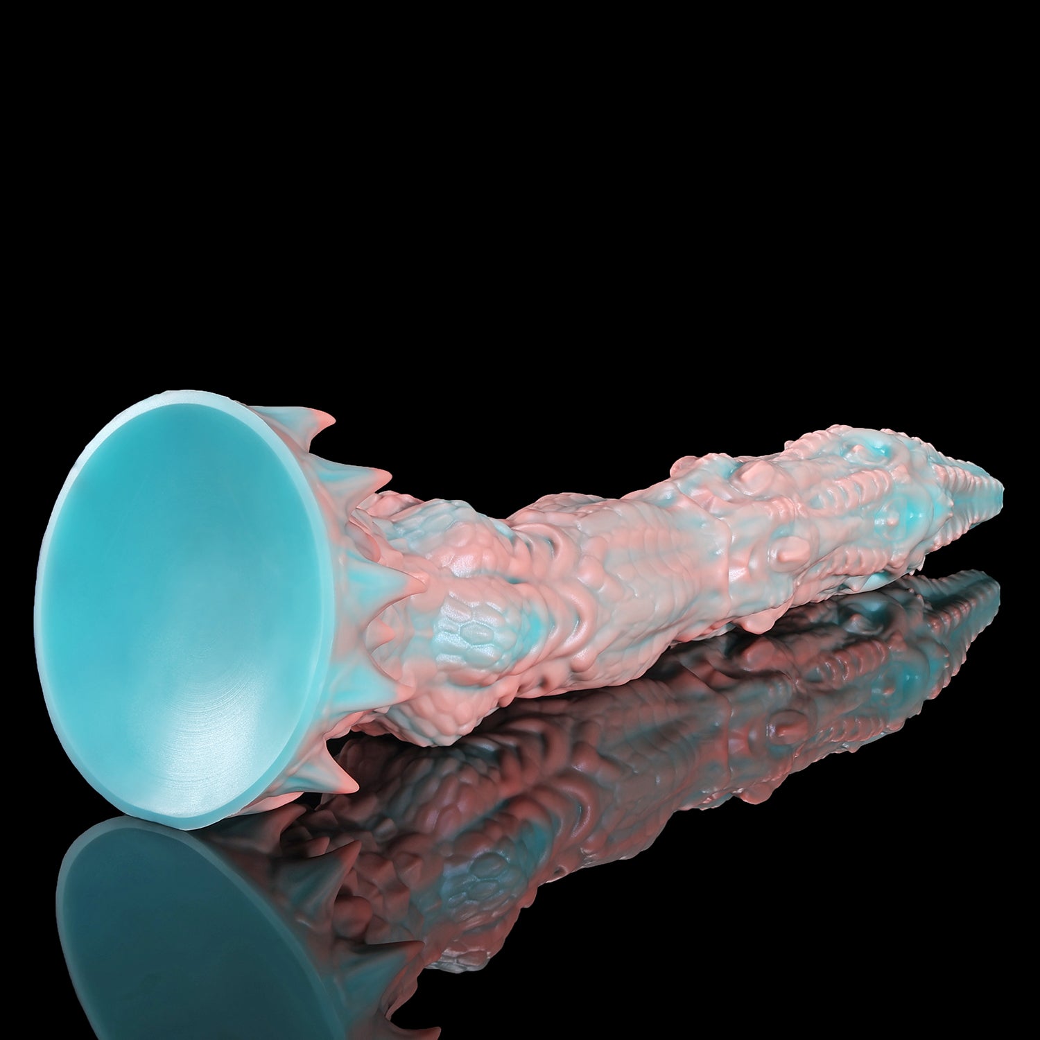 Meo's Ridge custom dragon fantasy dildo with a long curved, scale-textured shaft - base and shaft view