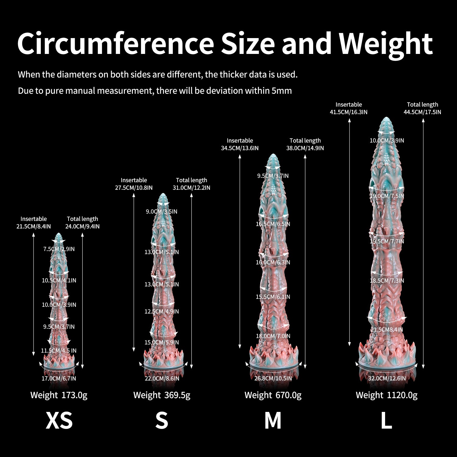 Meo's Ridge custom dragon fantasy dildo with a long curved, scale-textured shaft - circumference size and weight chart