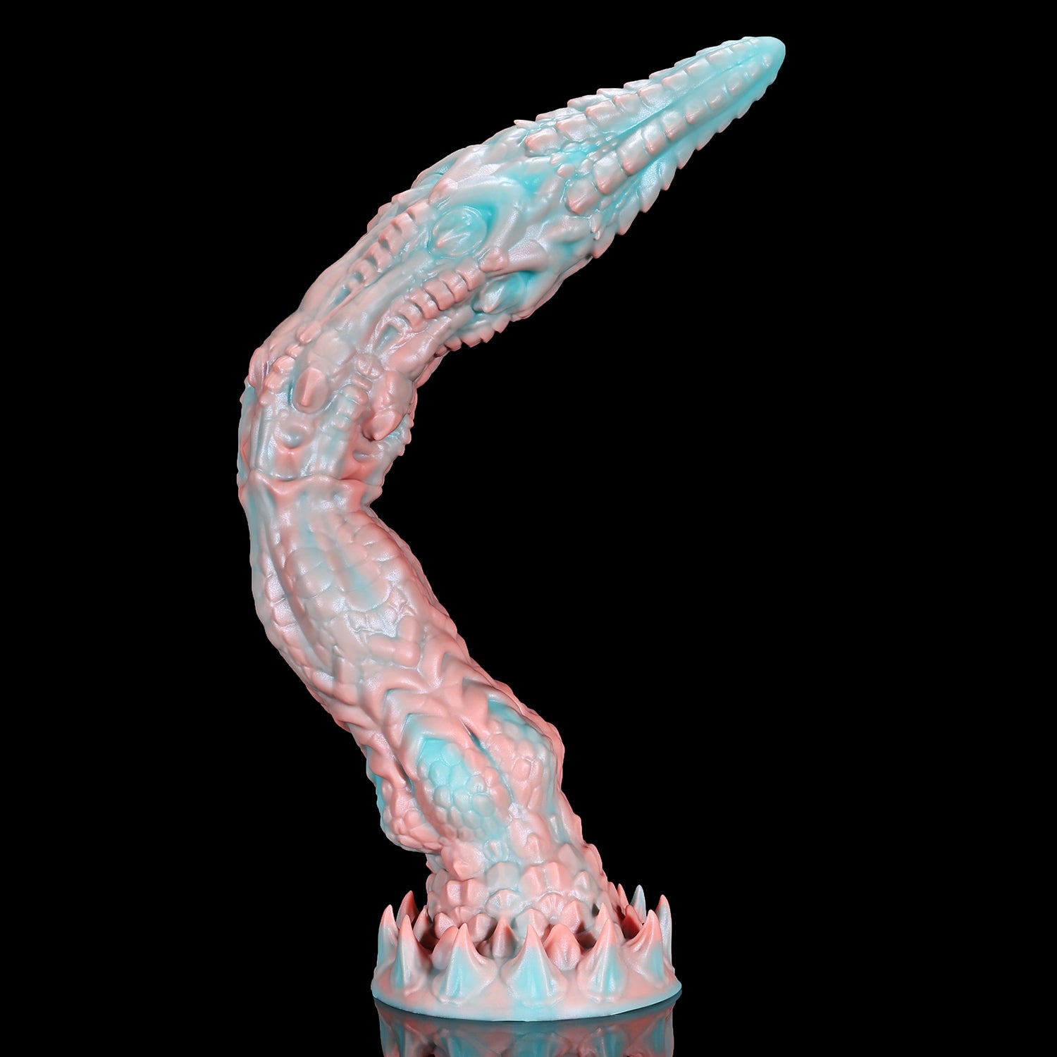 Meo's Ridge custom dragon fantasy dildo with a long curved, scale-textured shaft - curved side profile