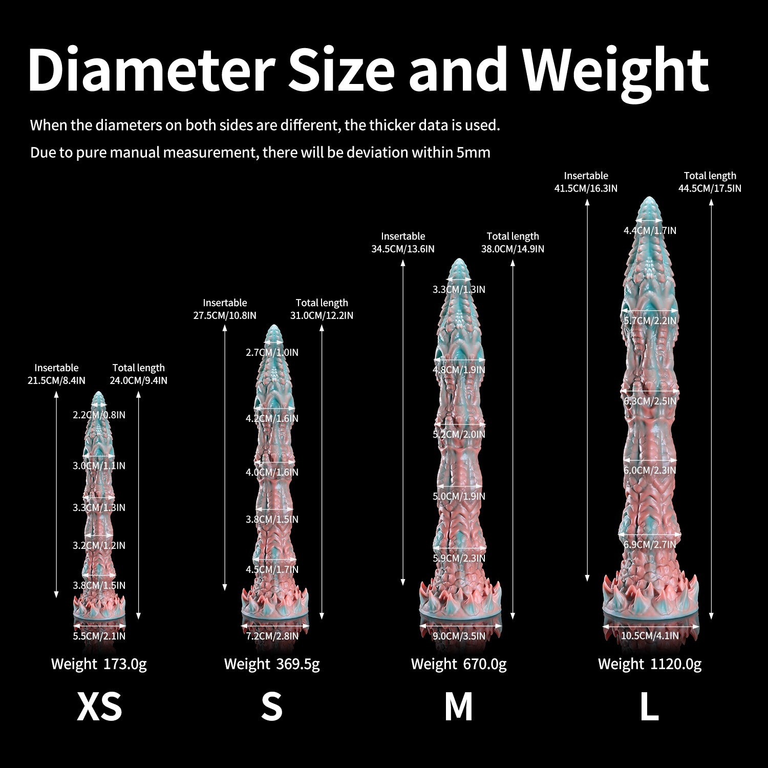 Meo's Ridge custom dragon fantasy dildo with a long curved, scale-textured shaft - diameter size and weight chart