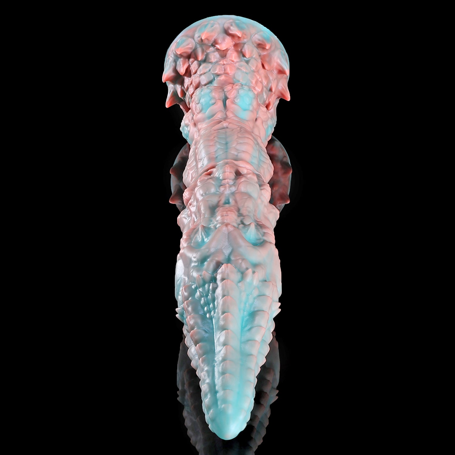 Meo's Ridge custom dragon fantasy dildo with a long curved, scale-textured shaft - front view