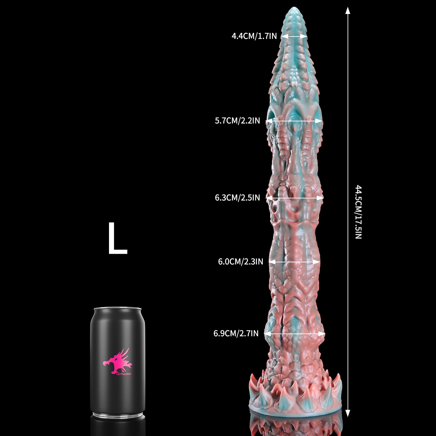 Meo's Ridge custom dragon fantasy dildo with a long curved, scale-textured shaft - L size comparison