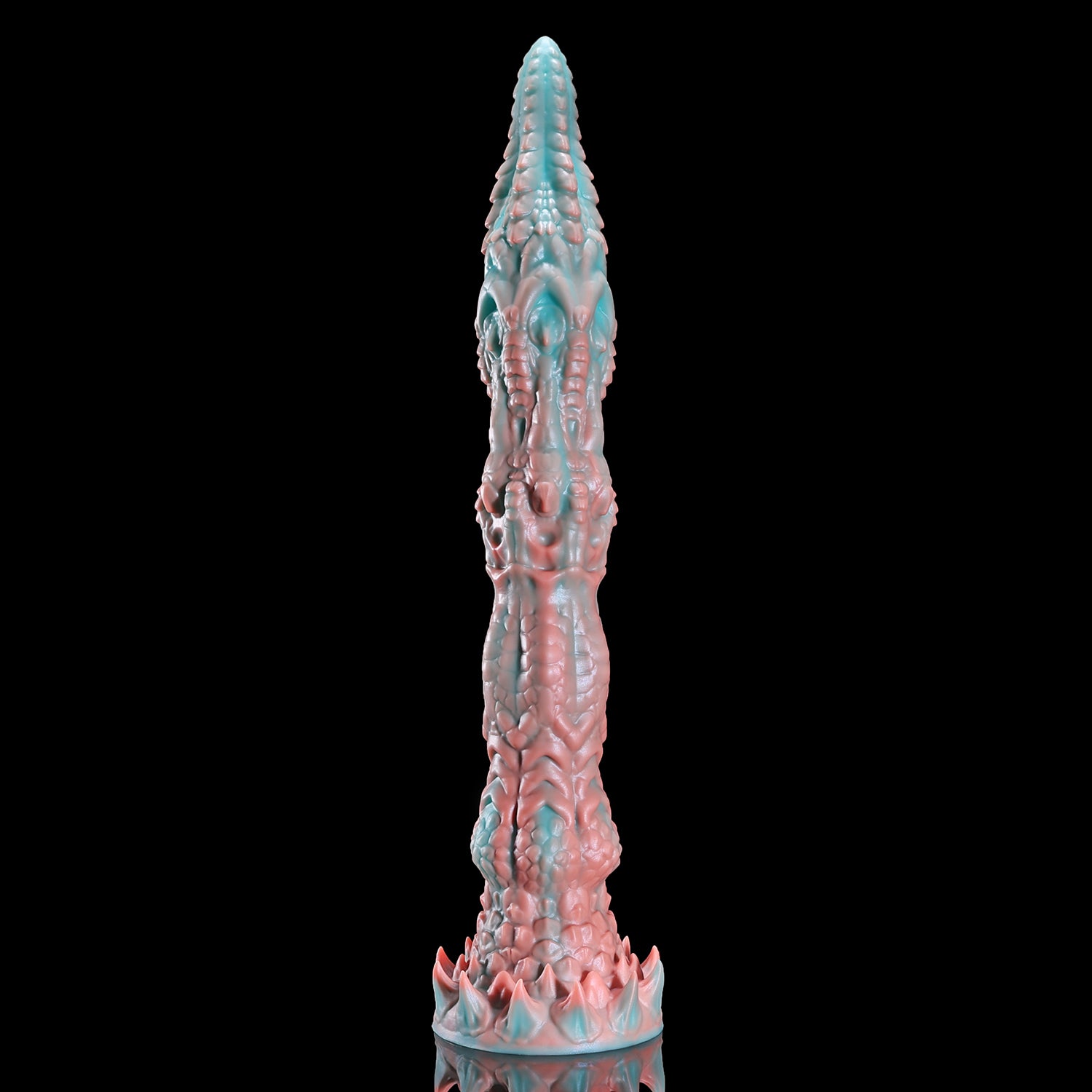Meo's Ridge custom dragon fantasy dildo with a long curved, scale-textured shaft - rear view