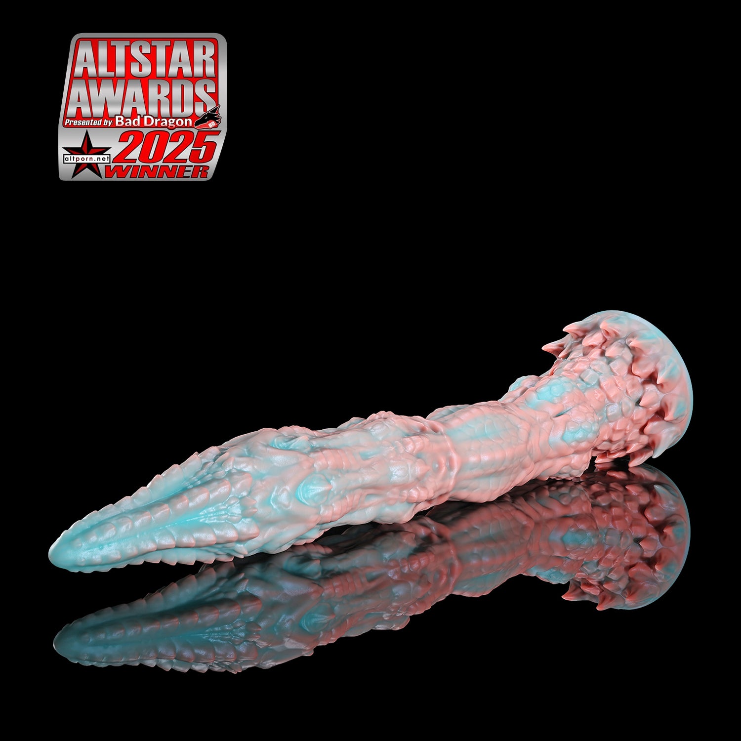 Meo's Ridge custom dragon fantasy dildo with a long curved, scale-textured shaft - side view