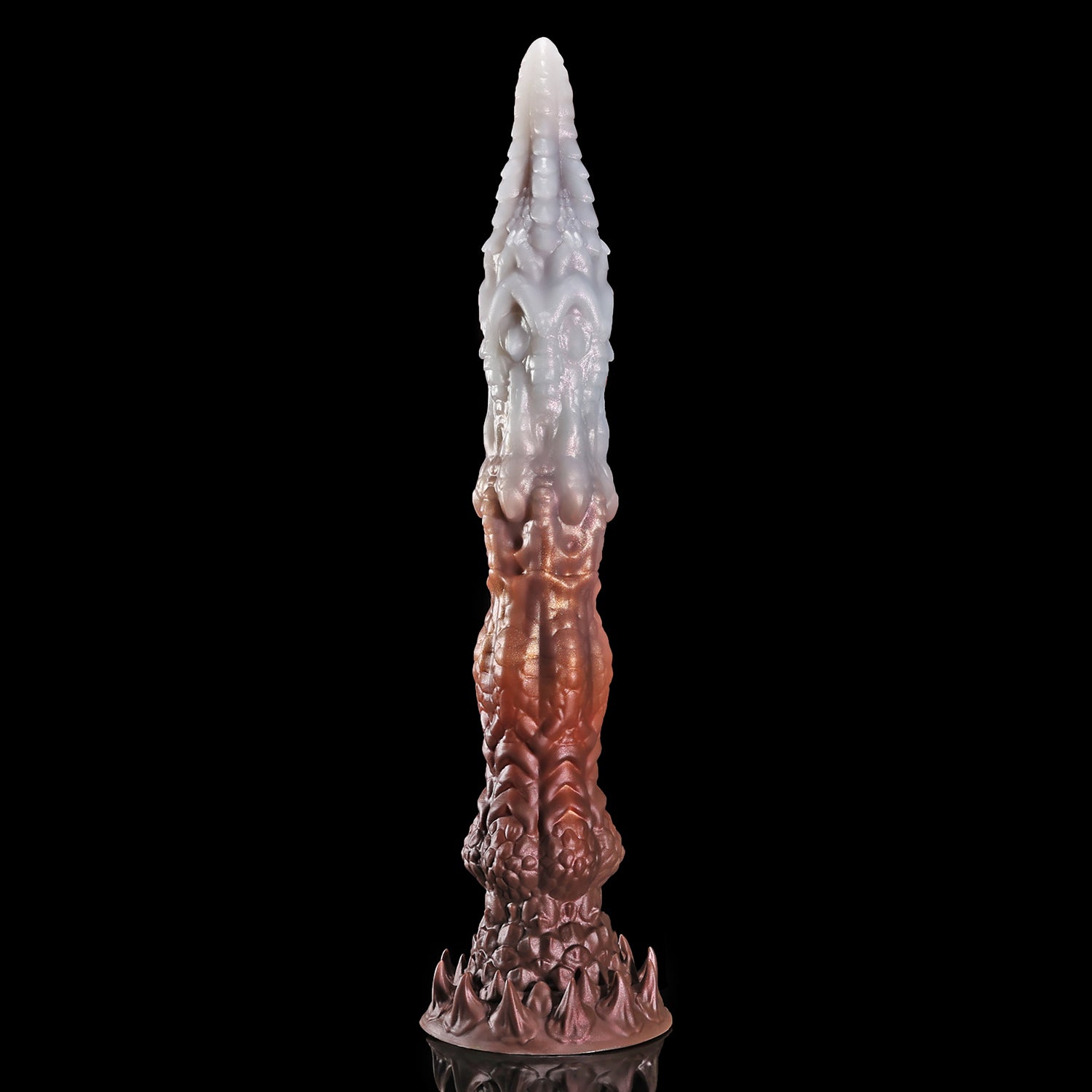 Meo's Ridge custom dragon fantasy dildo with a long curved, scale-textured shaft - Stalactite colorway angled view