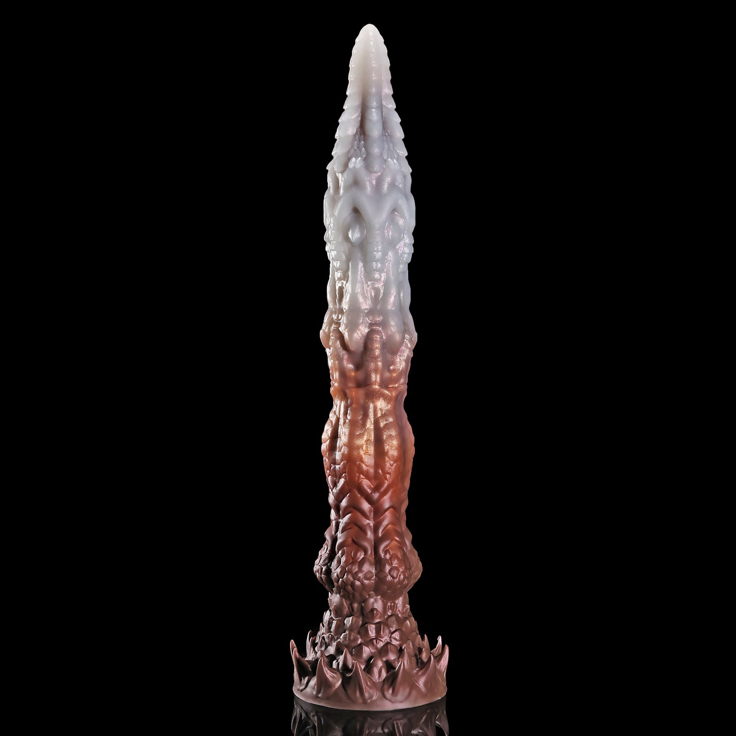 Meo's Ridge custom dragon fantasy dildo with a long curved, scale-textured shaft - Stalactite colorway front view