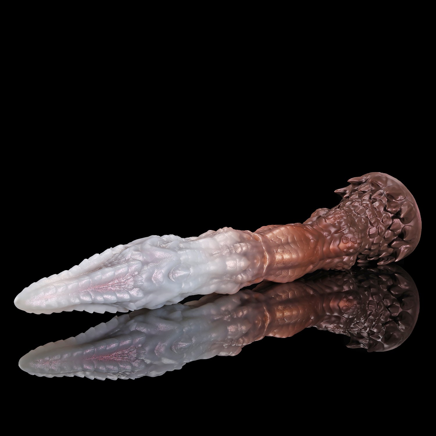 Meo's Ridge custom dragon fantasy dildo with a long curved, scale-textured shaft - Stalactite colorway side view
