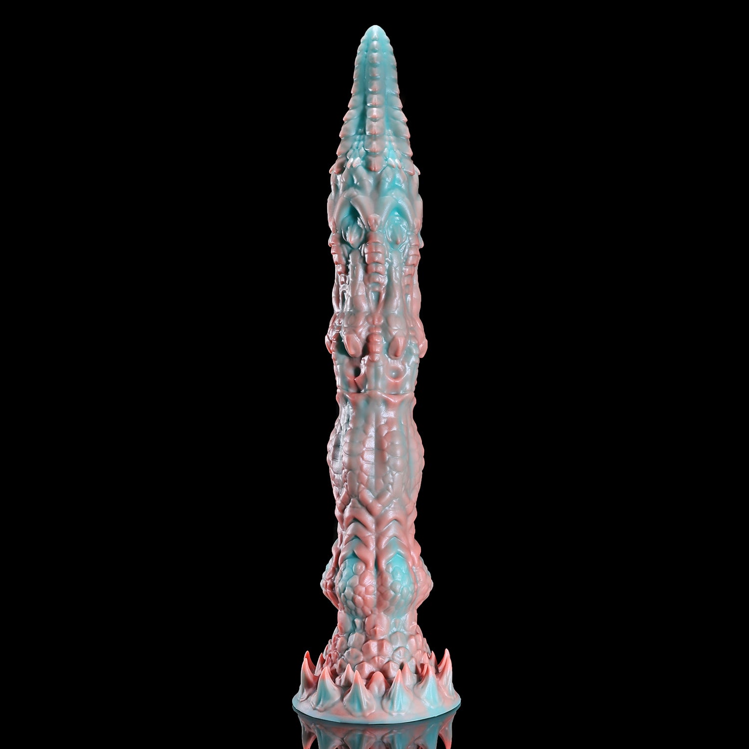 Meo's Ridge custom dragon fantasy dildo with a long curved, scale-textured shaft - upright front view