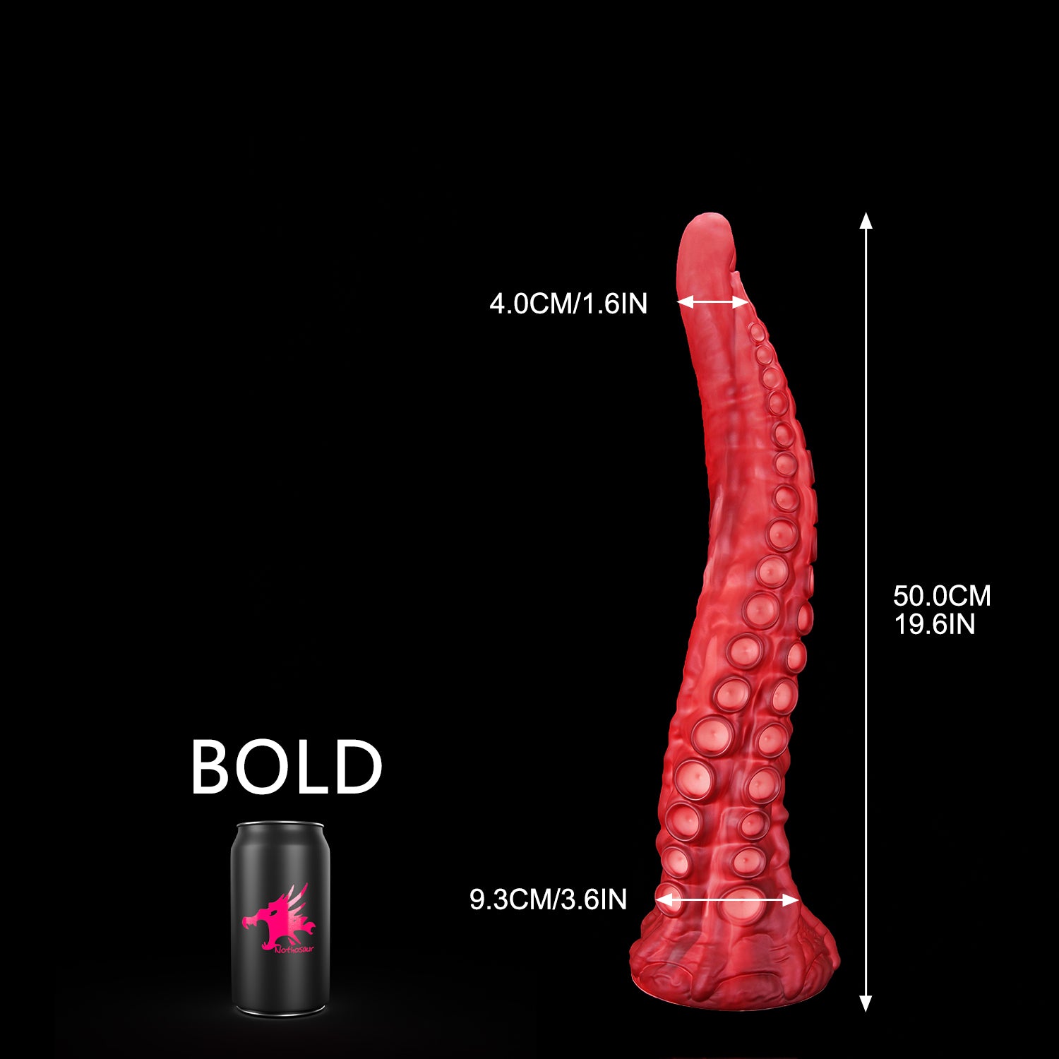 ALLA curved tentacle dildo with raised suction cups and sculpted flared base - BOLD size guide