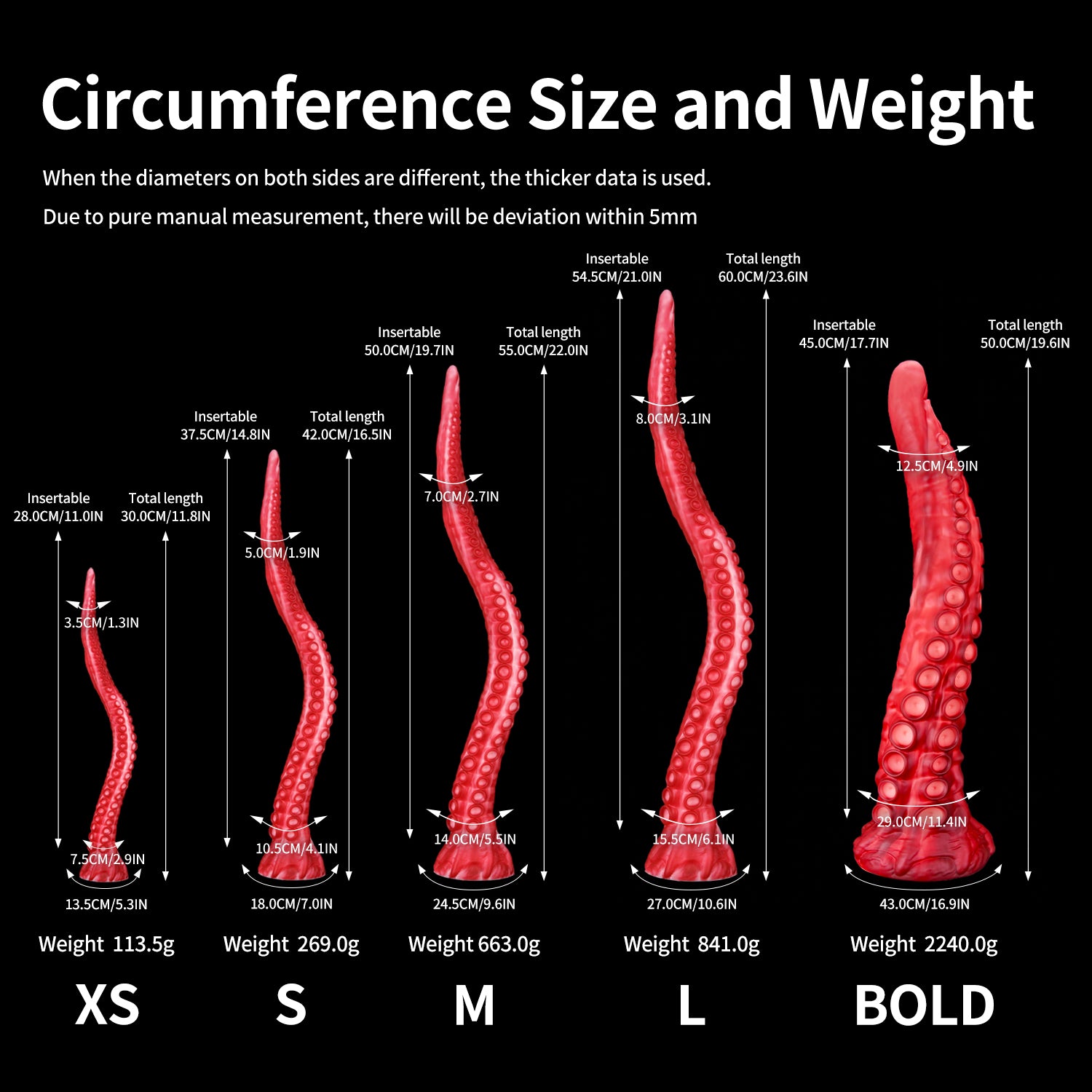 ALLA curved tentacle dildo with raised suction cups and sculpted flared base - circumference size and weight chart