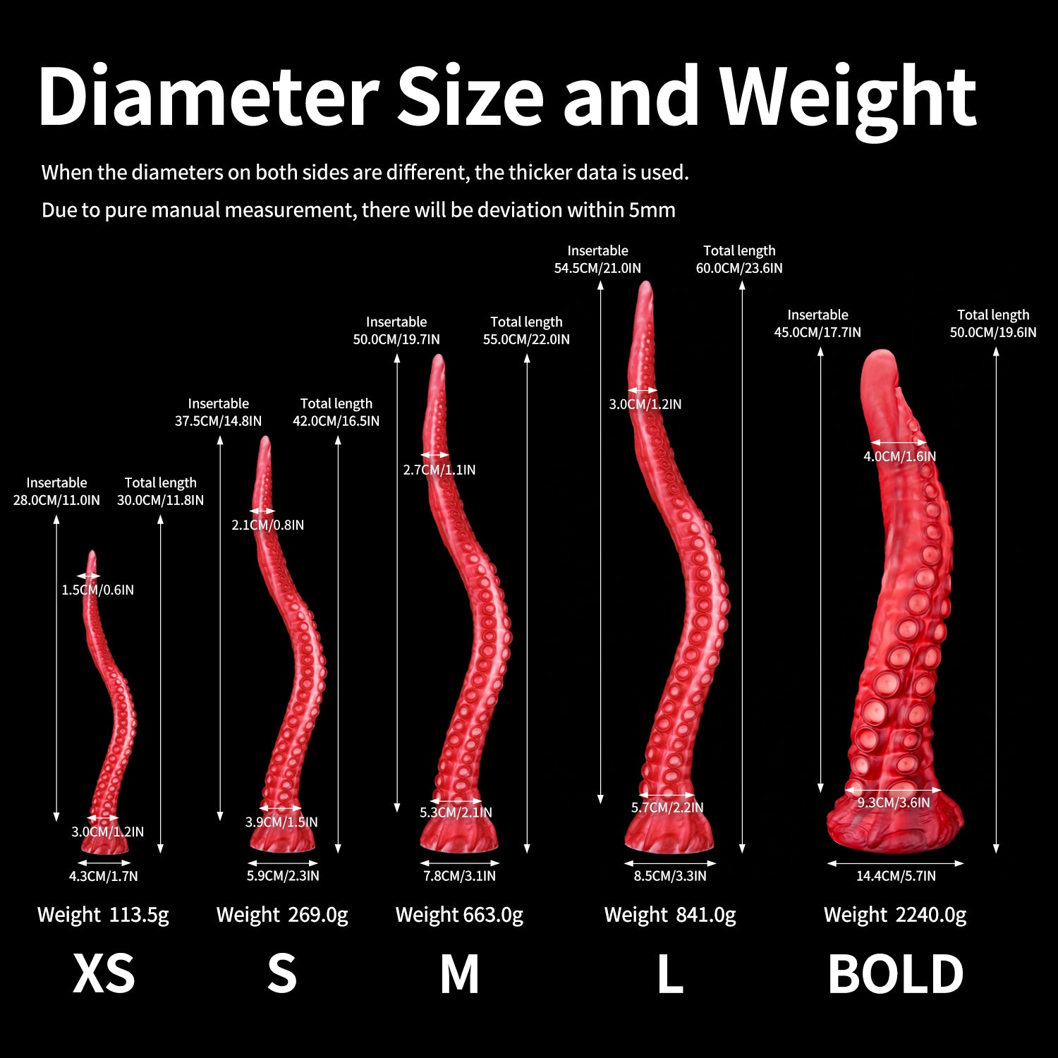 ALLA curved tentacle dildo with raised suction cups and sculpted flared base - diameter size and weight chart