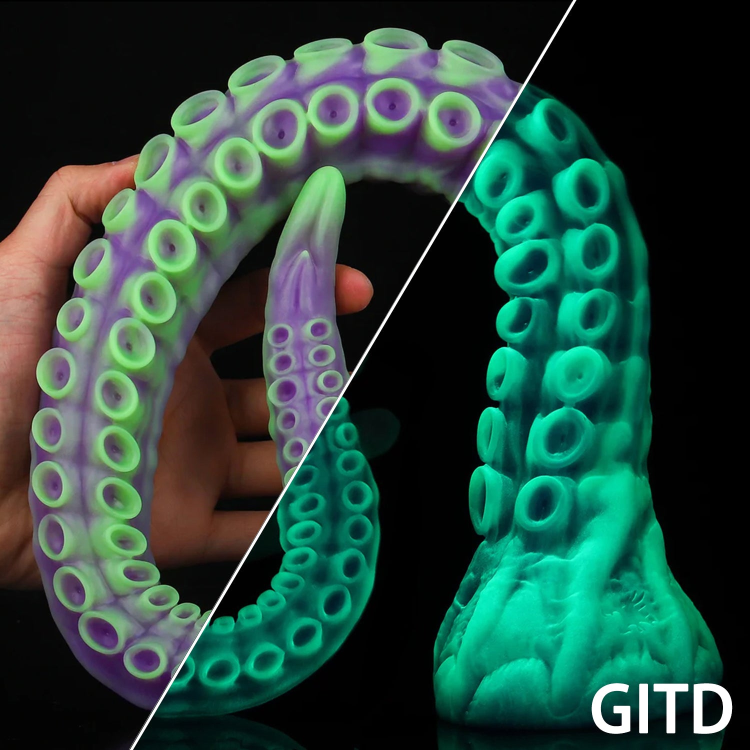 ALLA curved tentacle dildo with raised suction cups and sculpted flared base - green and purple custom color coiled view
