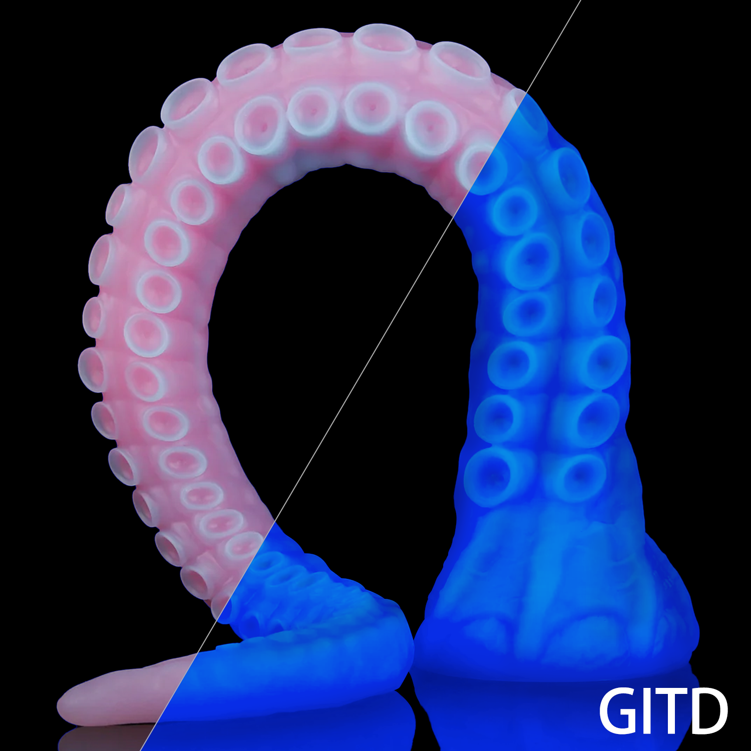 ALLA curved tentacle dildo with raised suction cups and sculpted flared base - pink and blue custom color side view