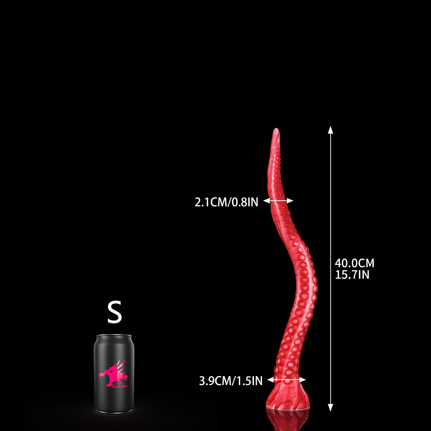 ALLA curved tentacle dildo with raised suction cups and sculpted flared base - S size guide