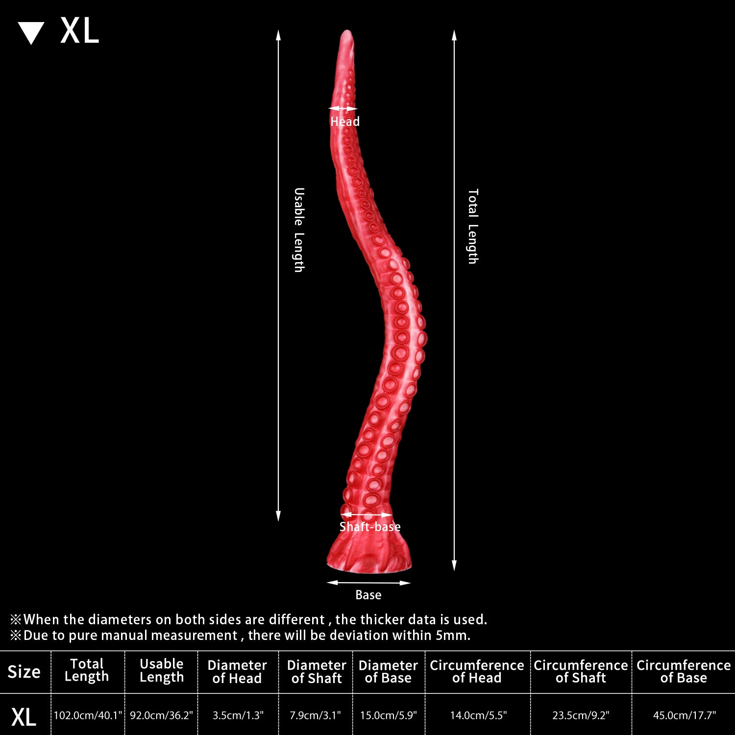 ALLA curved tentacle dildo with raised suction cups and sculpted flared base - XL size guide