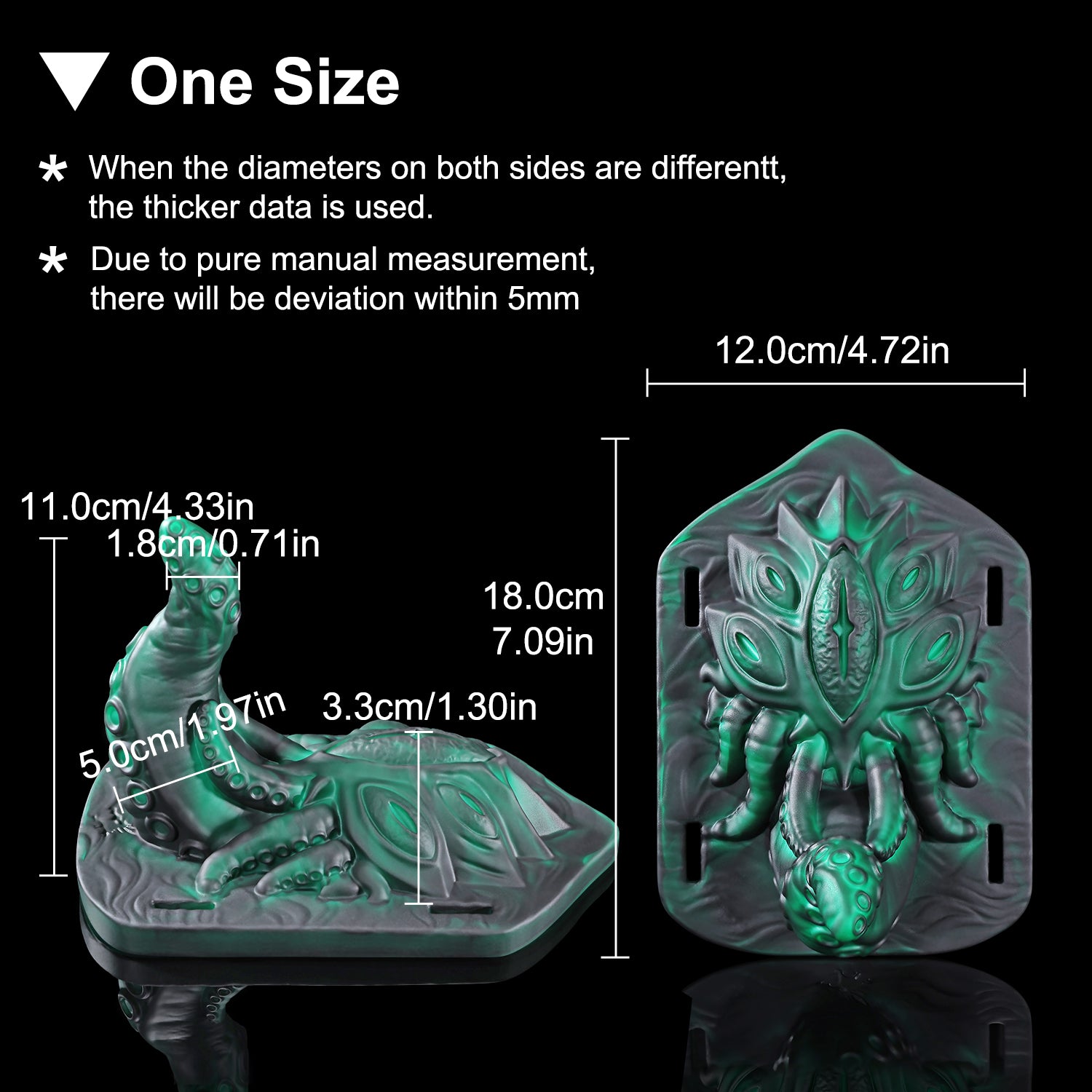 Alla's Gaze fantasy grinder with sculpted tentacles, raised texture, and adjustable harness straps - one-size measurement guide