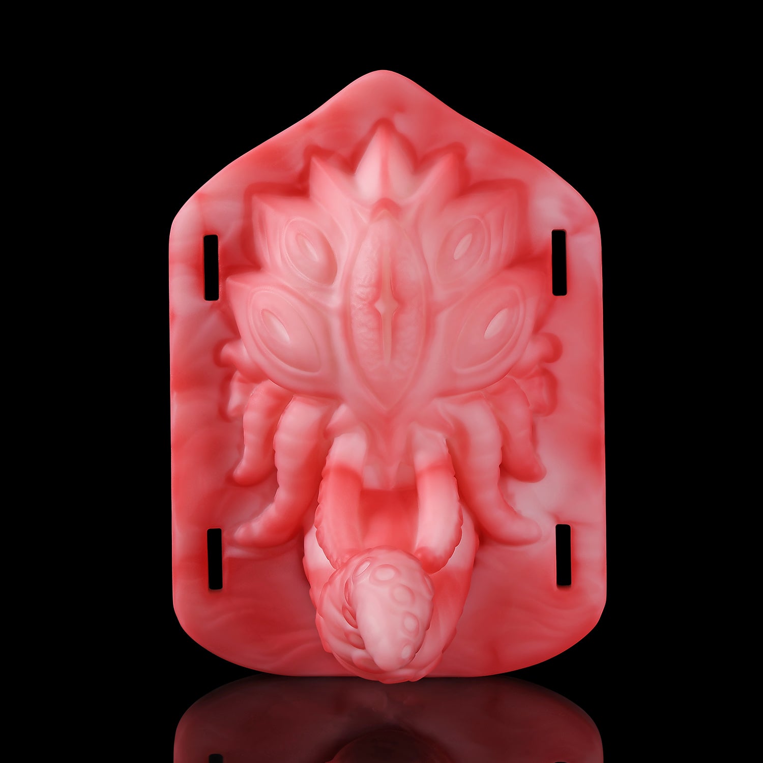 Alla's Gaze fantasy grinder with sculpted tentacles, raised texture, and adjustable harness straps - pink side profile