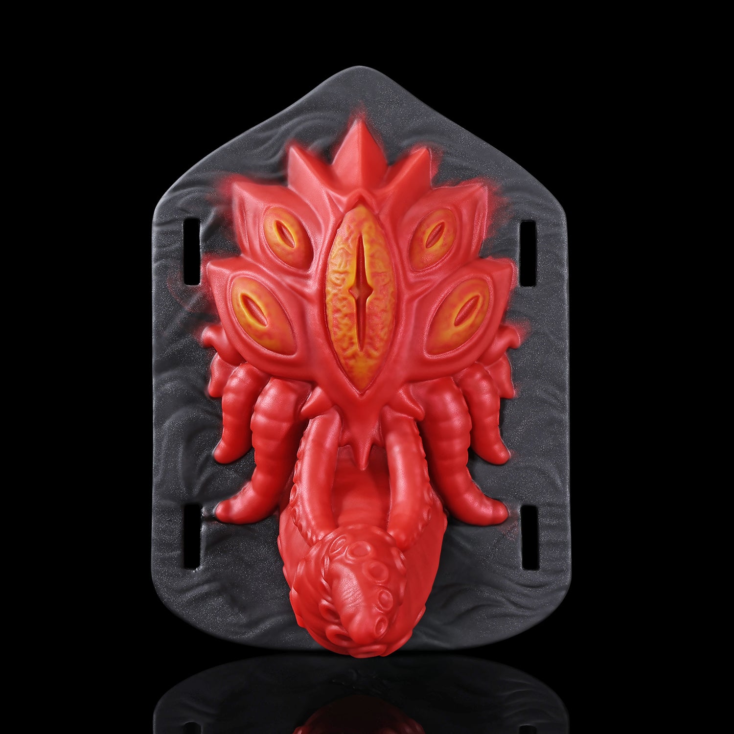 Alla's Gaze fantasy grinder with sculpted tentacles, raised texture, and adjustable harness straps - red front texture view