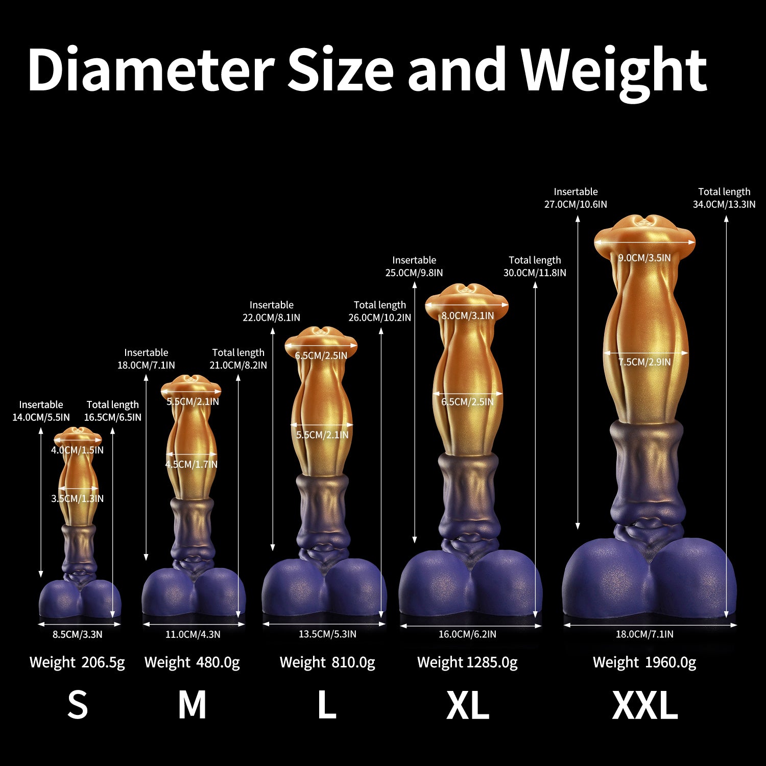 ANUBIS fantasy dildo with a sculpted tapered shaft, flared head, and rounded base - diameter size and weight chart