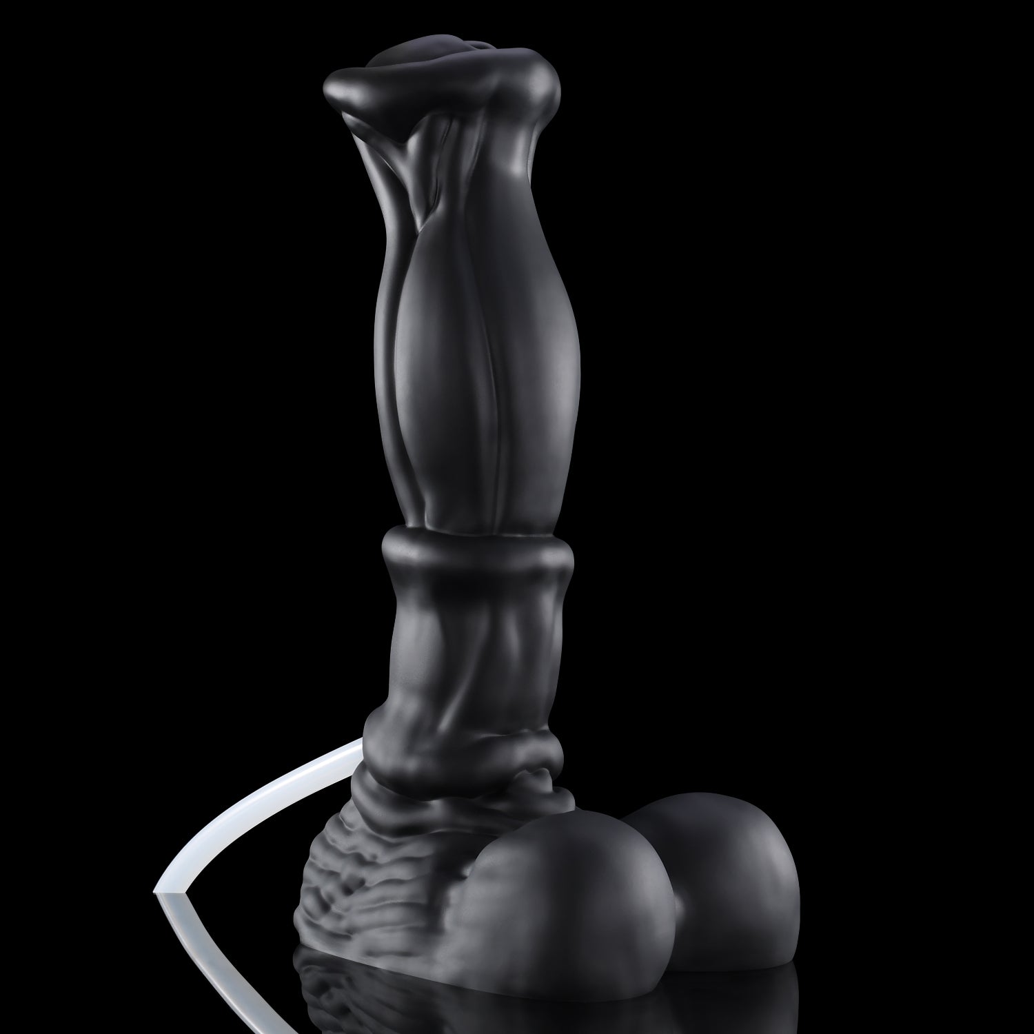 ANUBIS plus tube fantasy ejaculating dildo with a sculpted shaft, flared head, and built-in tube - black custom color shaft detail