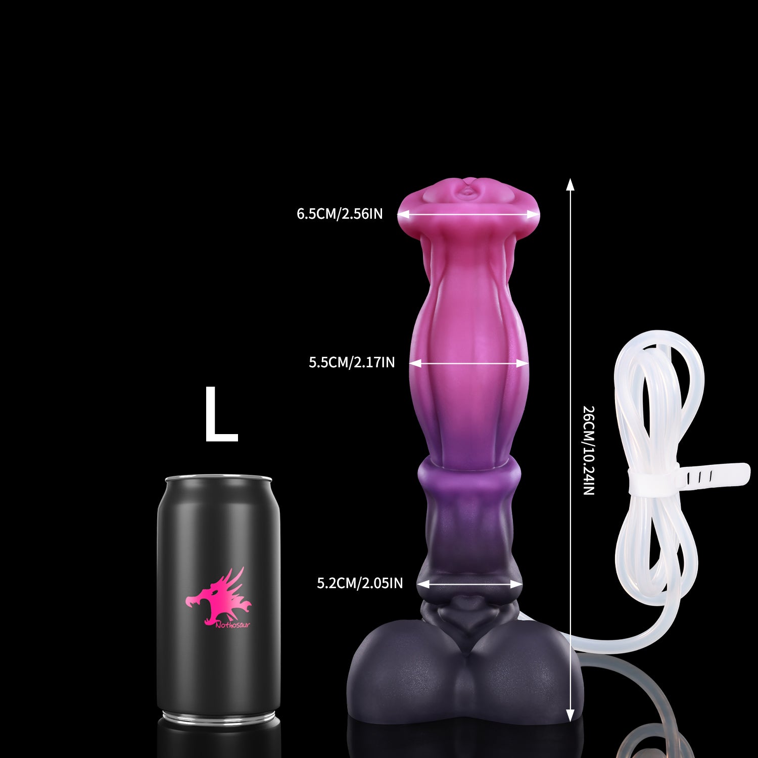 ANUBIS plus tube fantasy ejaculating dildo with a sculpted shaft, flared head, and built-in tube - L size guide with tube