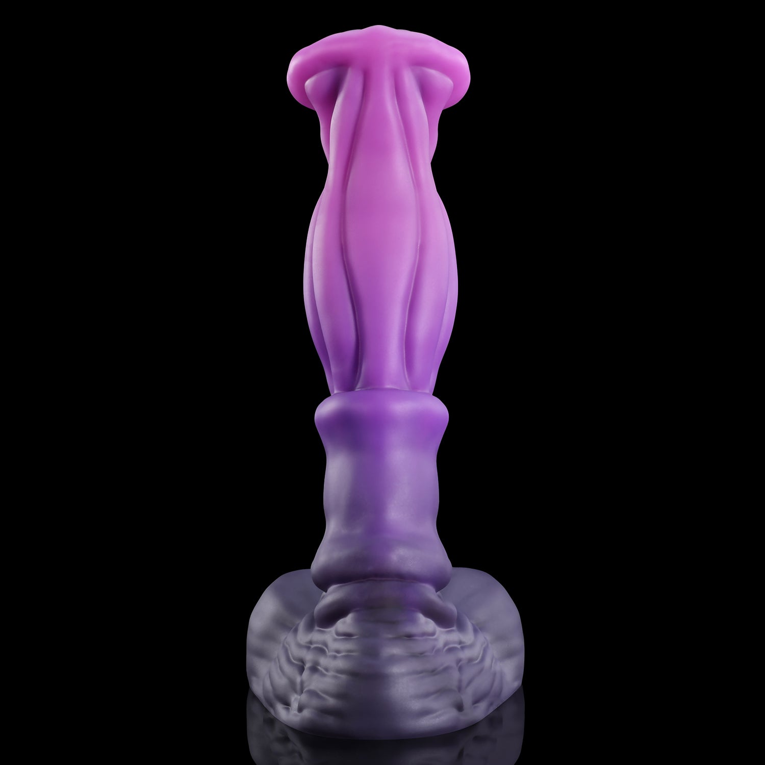 ANUBIS plus tube fantasy ejaculating dildo with a sculpted shaft, flared head, and built-in tube - purple rear view with tube