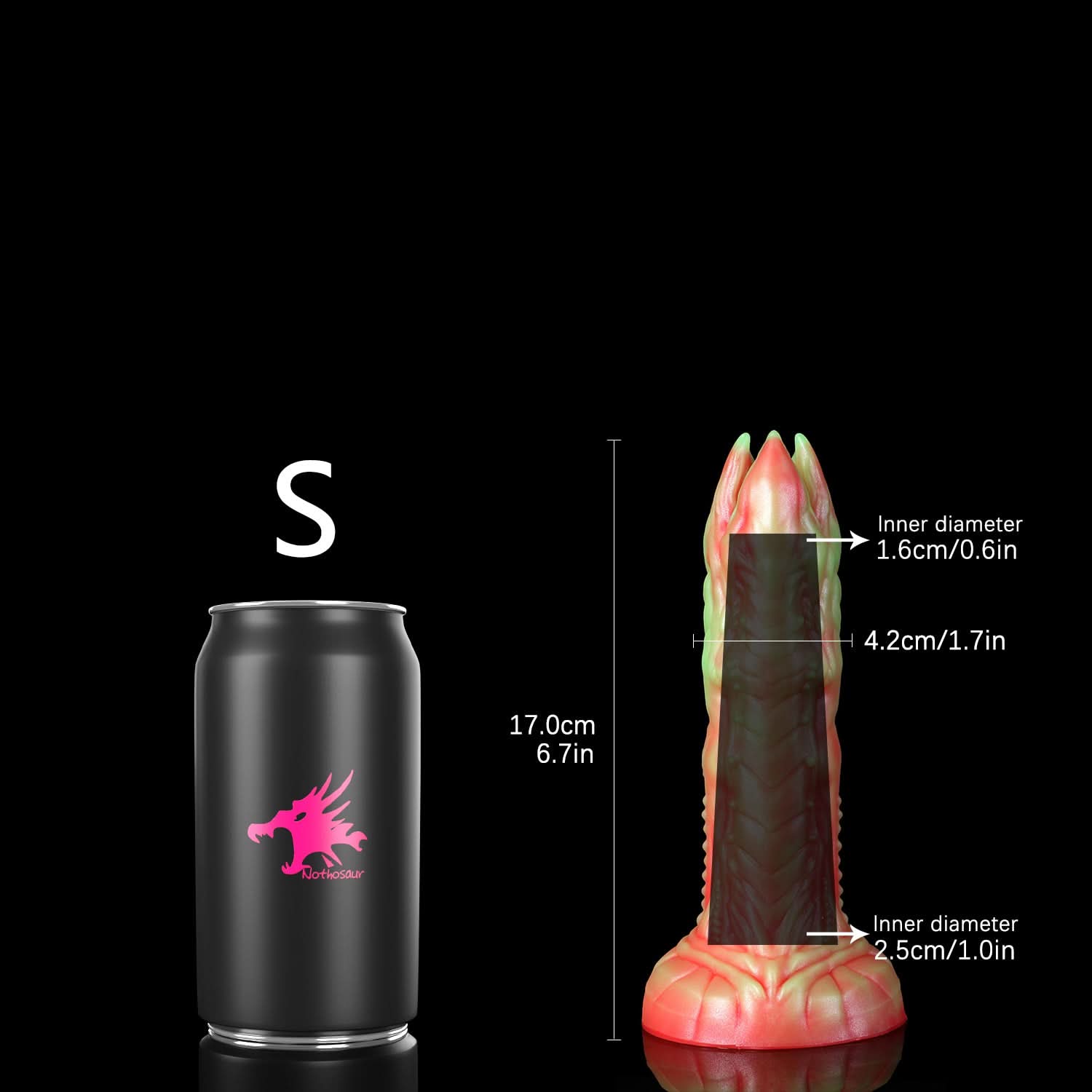 AUDREY II fantasy ovipositor dildo with a ridged hollow shaft, multi-petaled tip, and root-like suction base - S measurement guide
