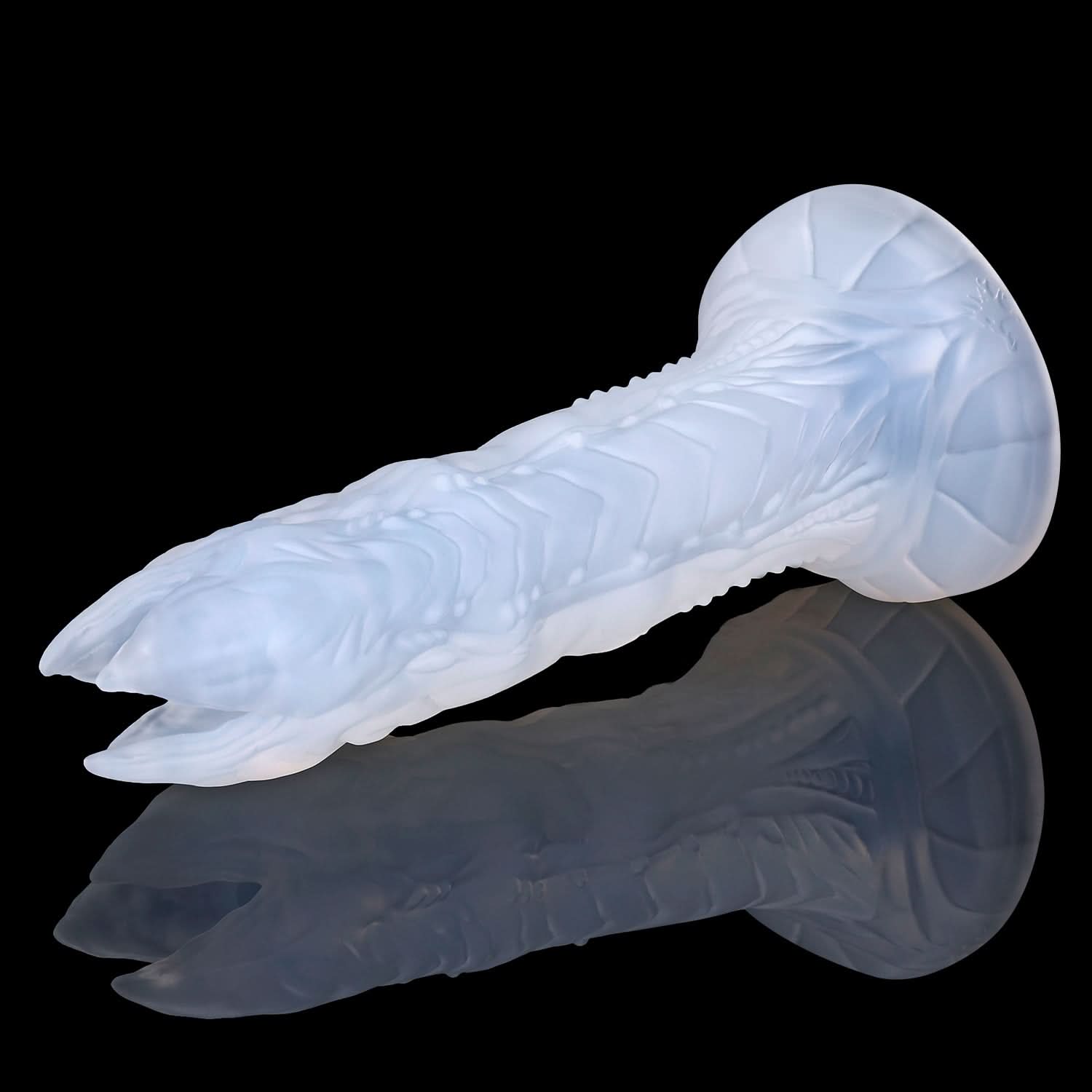 AUDREY II fantasy ovipositor dildo with a ridged hollow shaft, multi-petaled tip, and root-like suction base - white side view