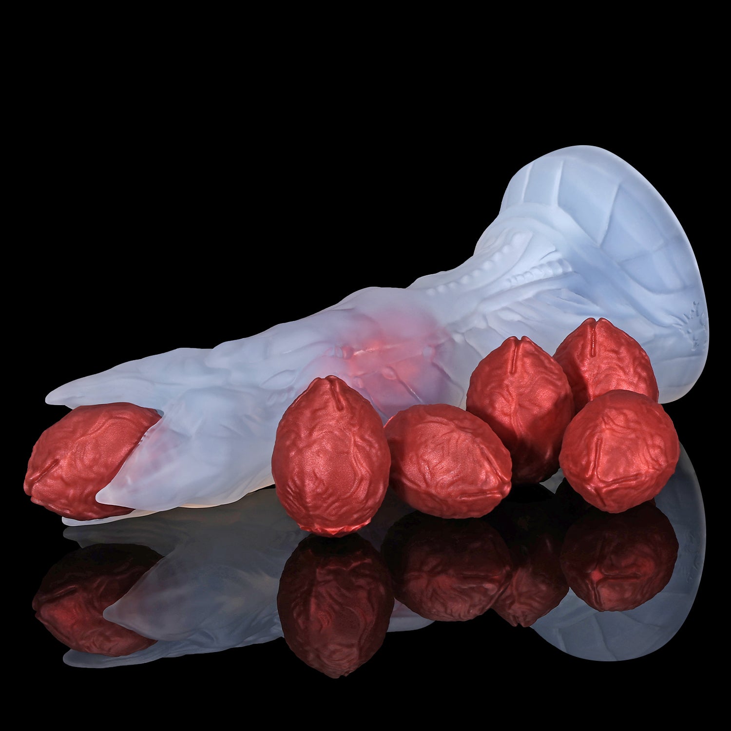 AUDREY II plus OGG fantasy ovipositor dildo with a ridged hollow shaft, OGG egg set, mold, and push rods - low side view with eggs