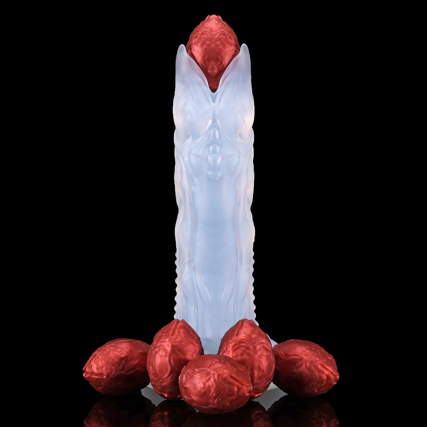 AUDREY II plus OGG fantasy ovipositor dildo with a ridged hollow shaft, OGG egg set, mold, and push rods - white custom color front view with eggs