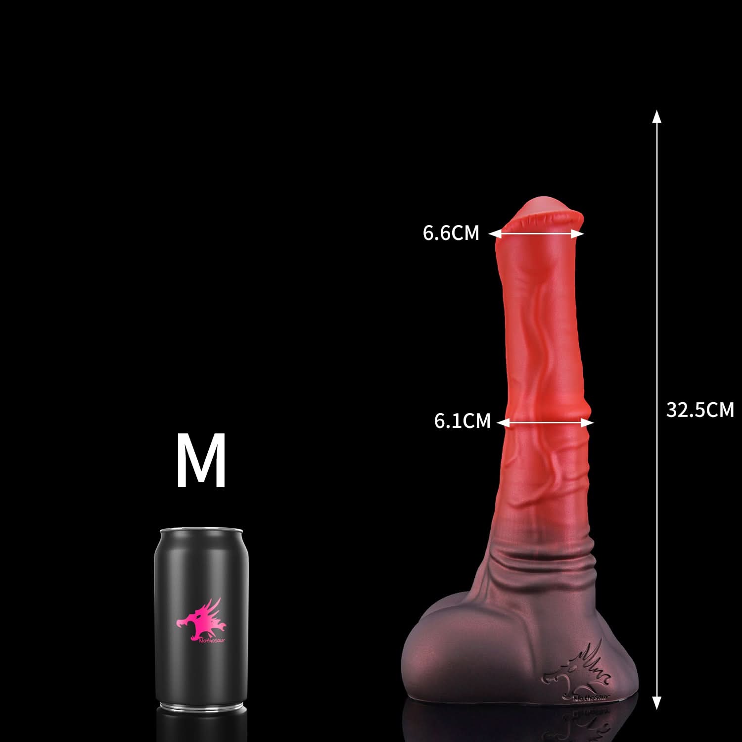 AVOYO fantasy horse dildo with a tapered textured shaft, sculpted base, and rounded balls - M size guide