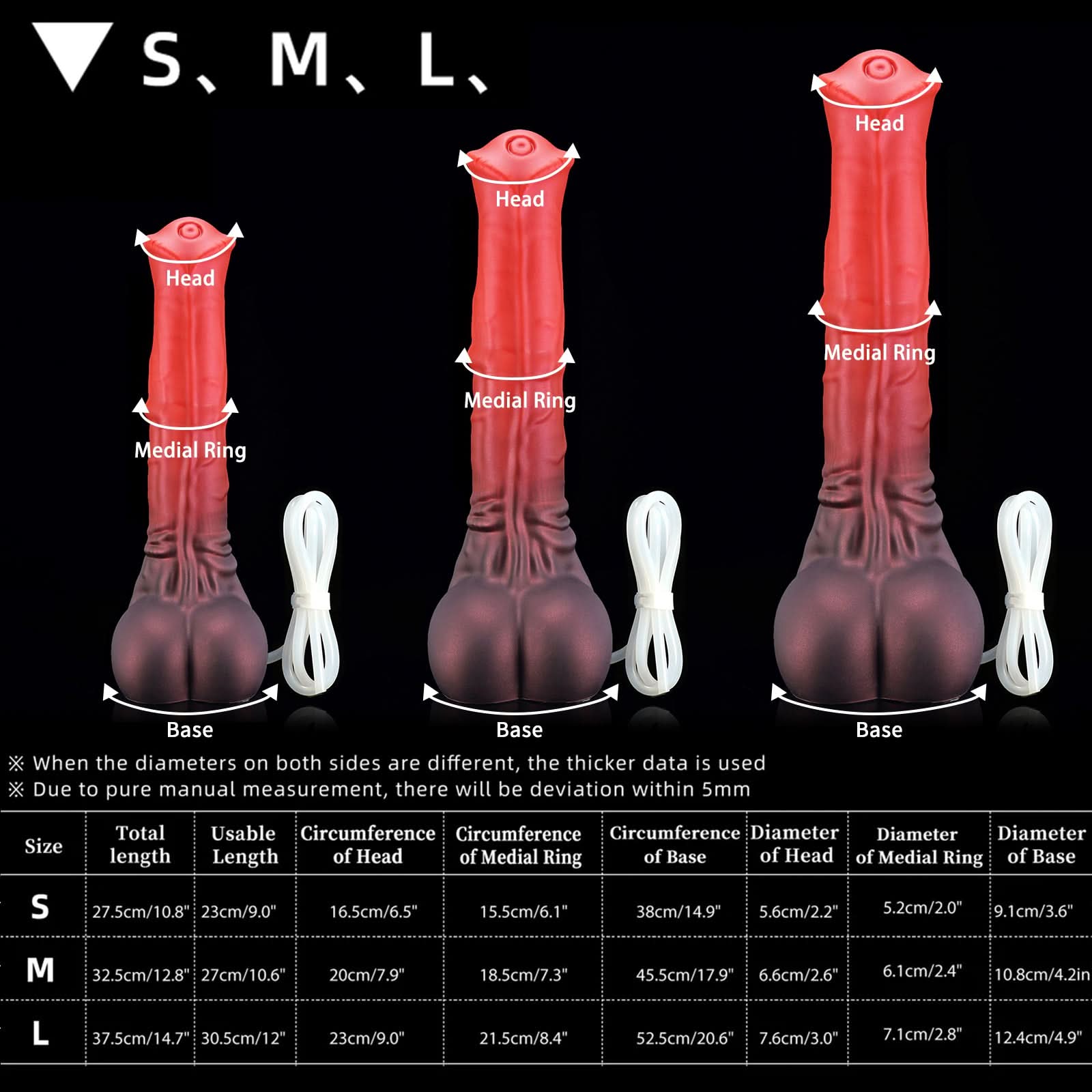 AVOYO plus tube fantasy horse ejaculating dildo with a tapered textured shaft, sculpted base, and built-in tube - tube and size chart